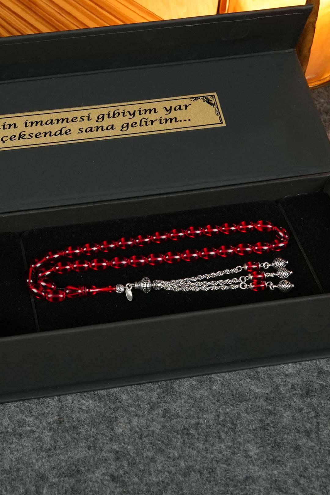 Eşref Serisi Gümüş Tasarım Kırmızı Sıkma Kehribar Tesbih