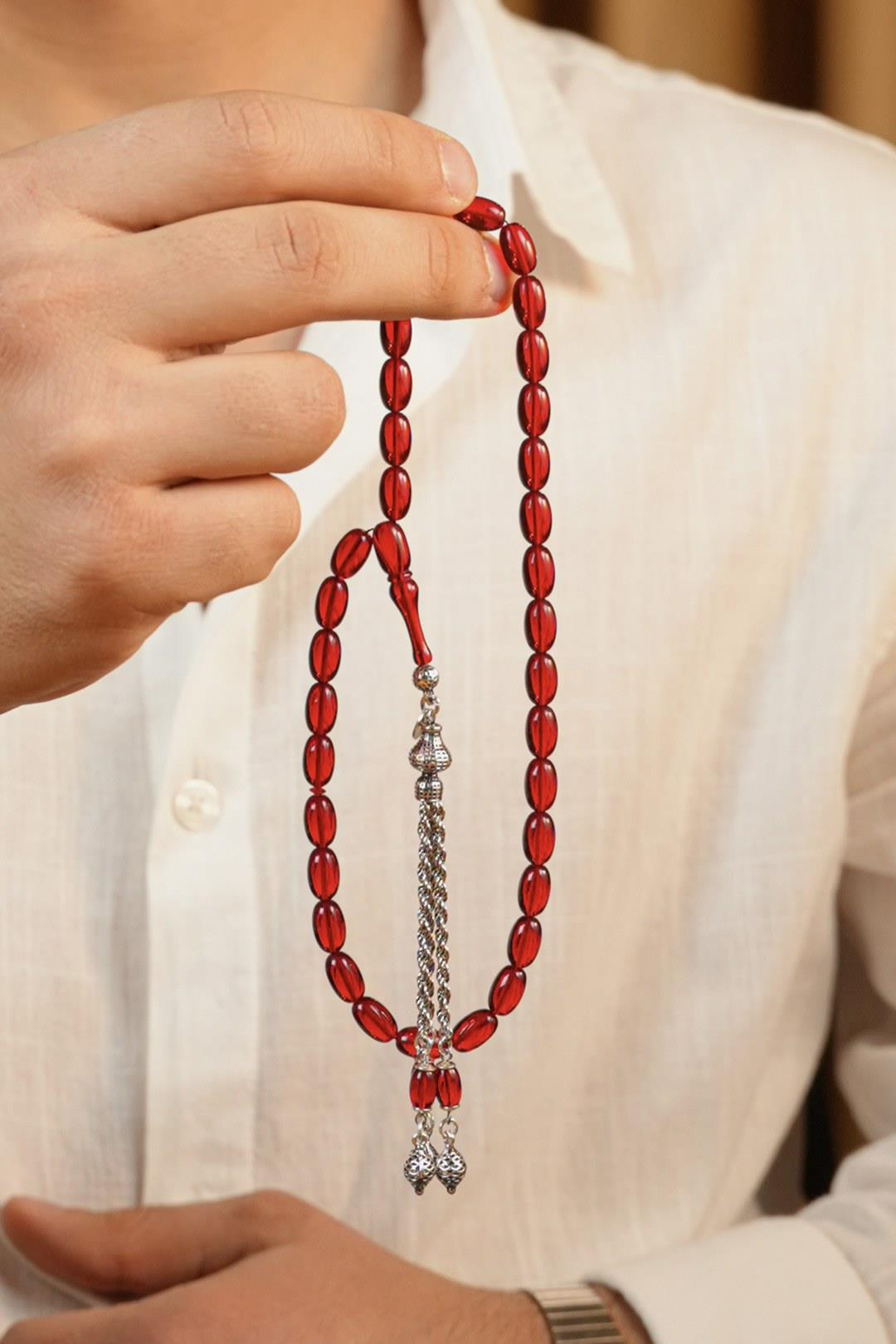 Eşref Serisi Gümüş Tasarım Kırmızı Sıkma Kehribar Tesbih