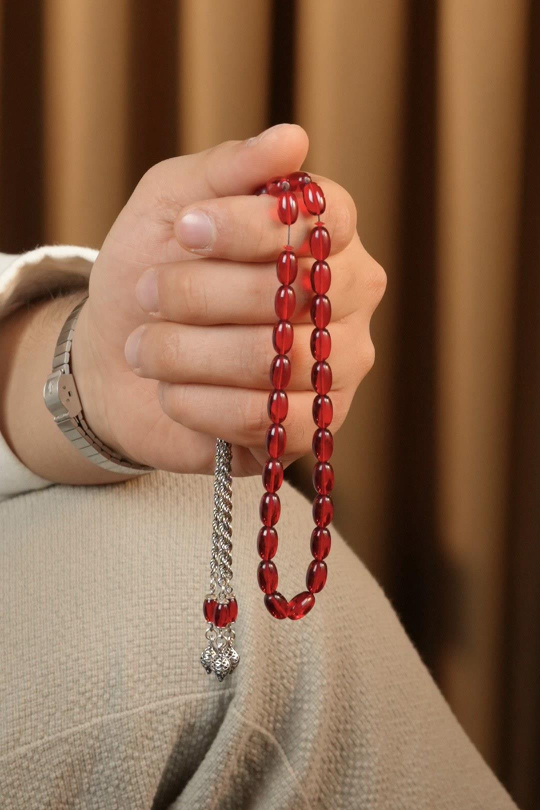 Eşref Serisi Gümüş Tasarım Kırmızı Sıkma Kehribar Tesbih