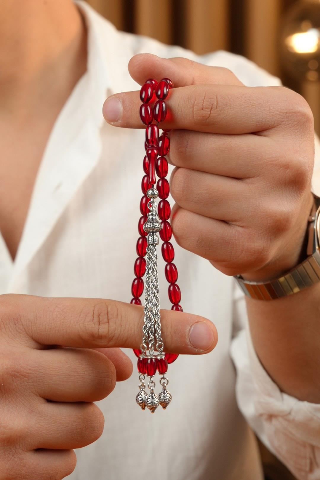 Eşref Serisi Gümüş Tasarım Kırmızı Sıkma Kehribar Tesbih