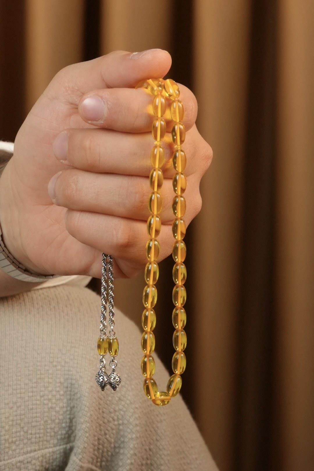 Eşref Serisi Gümüş Tasarım Sarı Sıkma Kehribar Tesbih