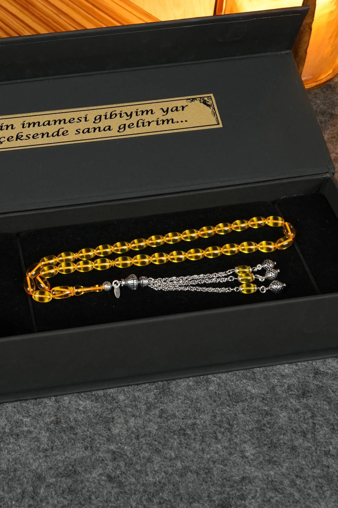 Eşref Serisi Gümüş Tasarım Sarı Sıkma Kehribar Tesbih