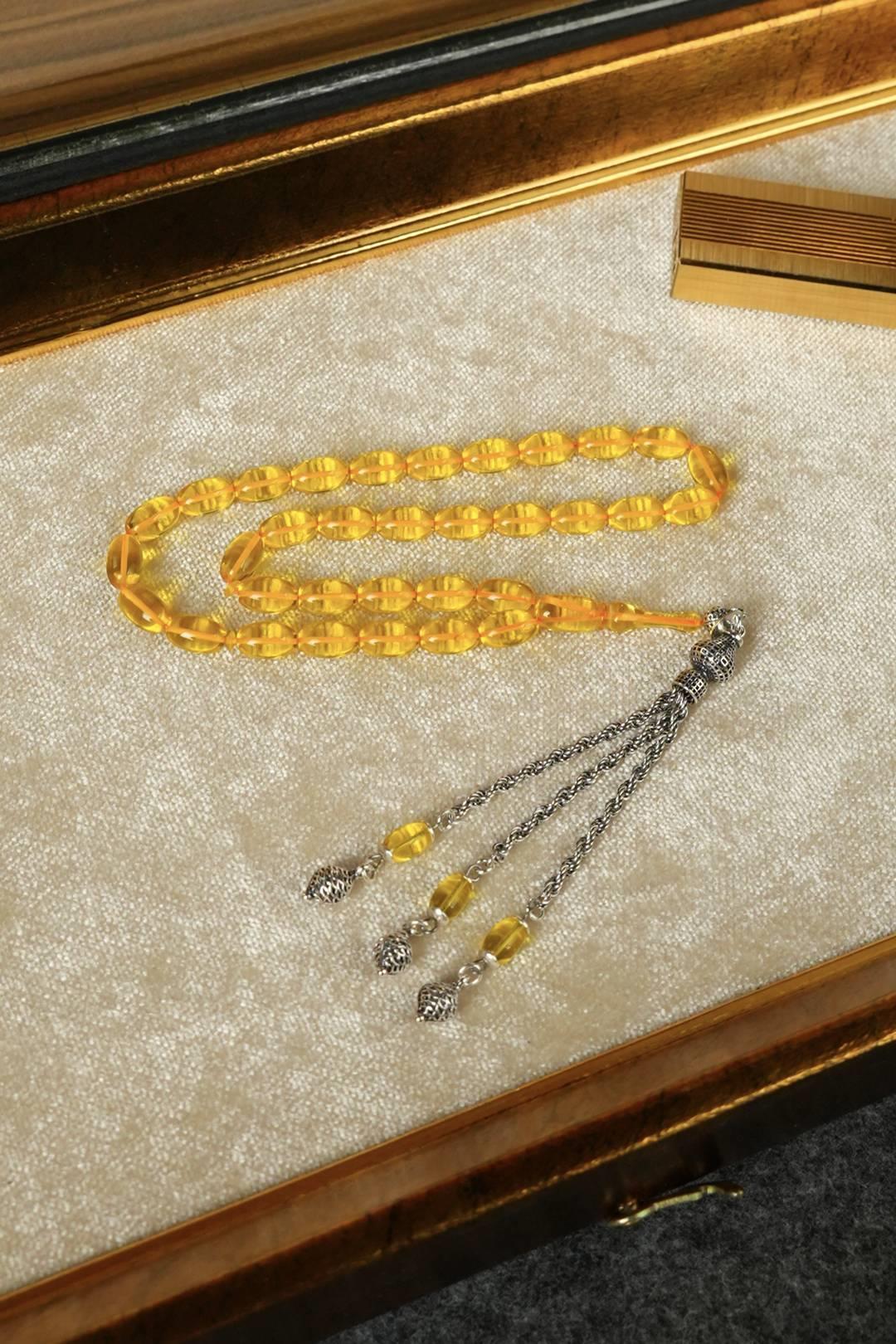 Eşref Serisi Gümüş Tasarım Sarı Sıkma Kehribar Tesbih