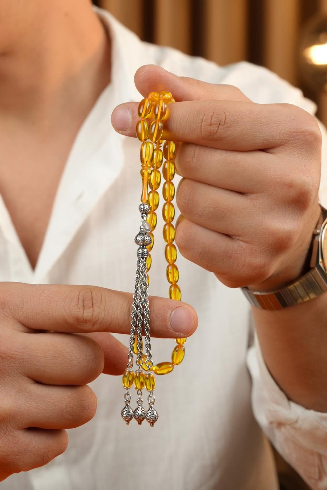 Eşref Serisi Gümüş Tasarım Sarı Sıkma Kehribar Tesbih