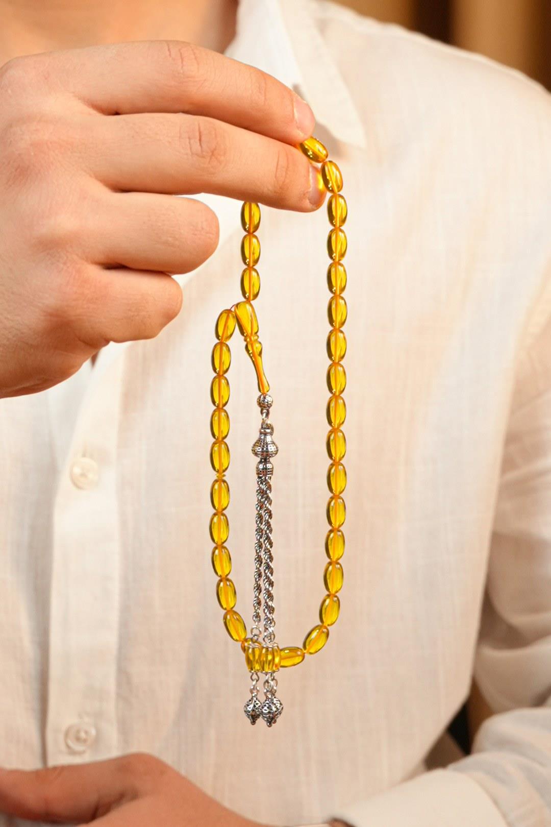 Eşref Serisi Gümüş Tasarım Sarı Sıkma Kehribar Tesbih