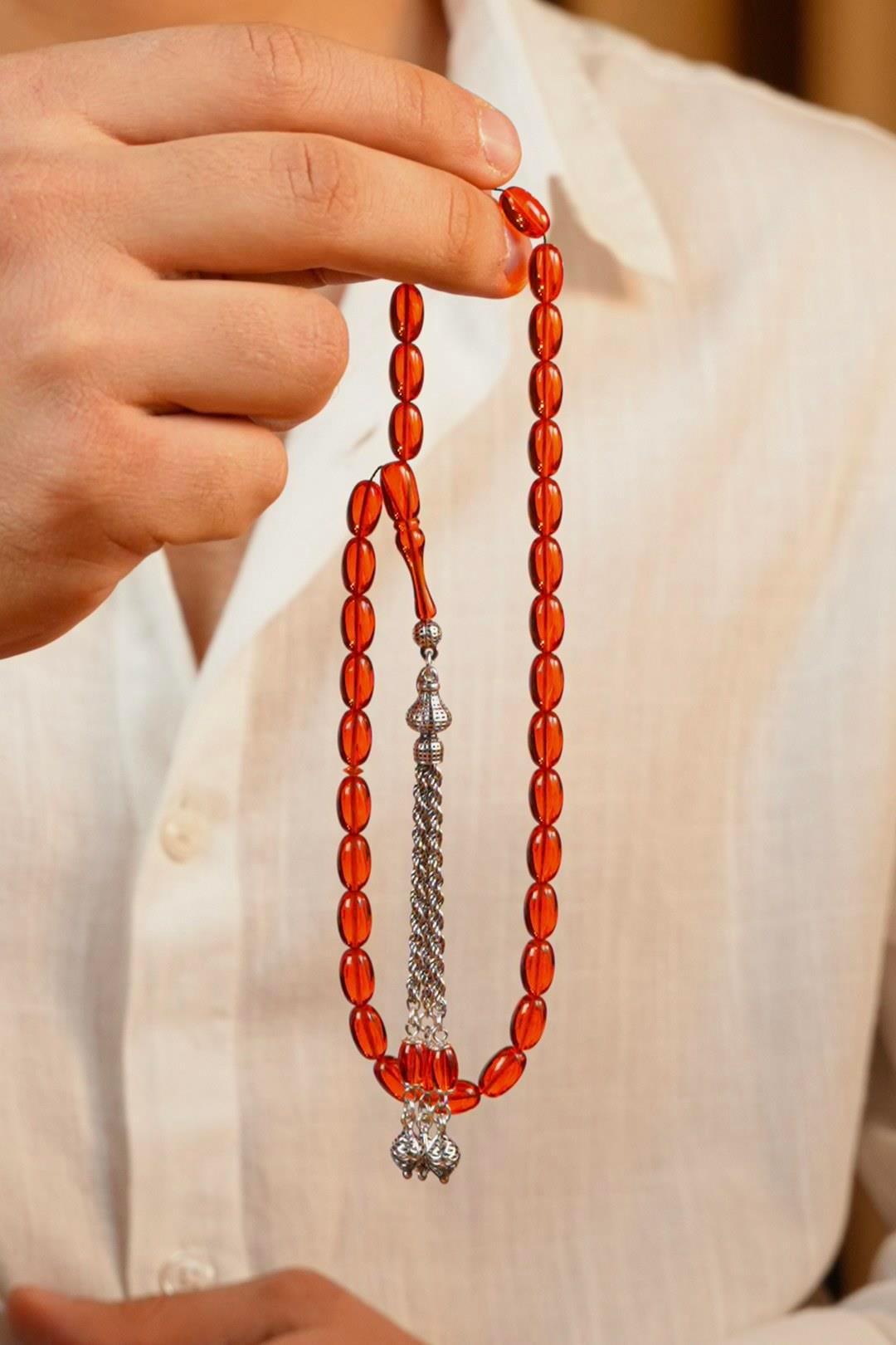 Eşref Serisi Gümüş Tasarım Turuncu Sıkma Kehribar Tesbih