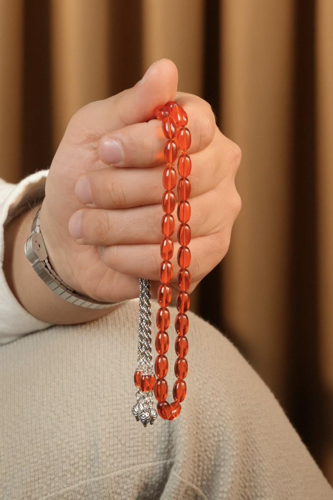 Eşref Serisi Gümüş Tasarım Turuncu Sıkma Kehribar Tesbih
