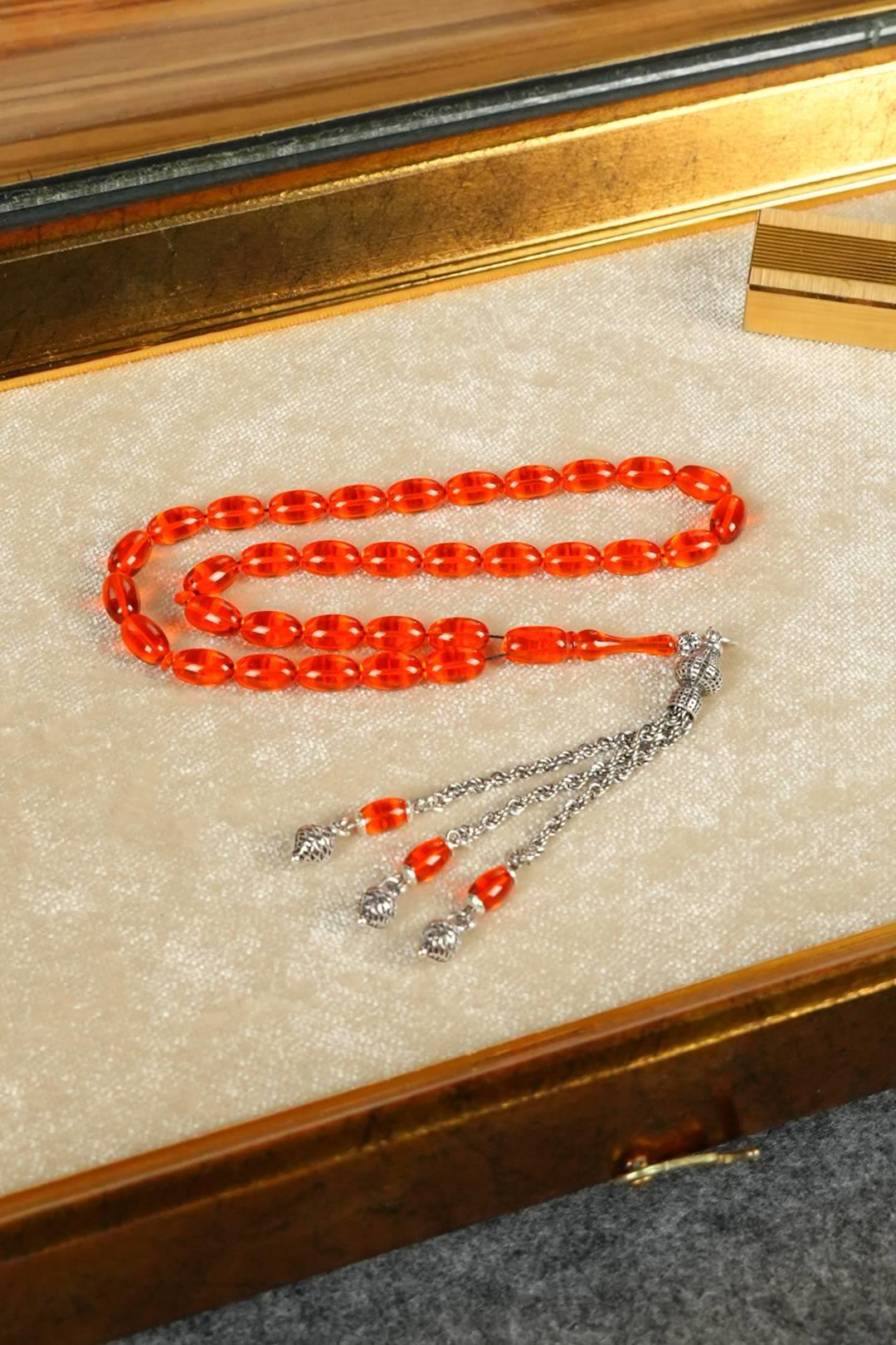 Eşref Serisi Gümüş Tasarım Turuncu Sıkma Kehribar Tesbih