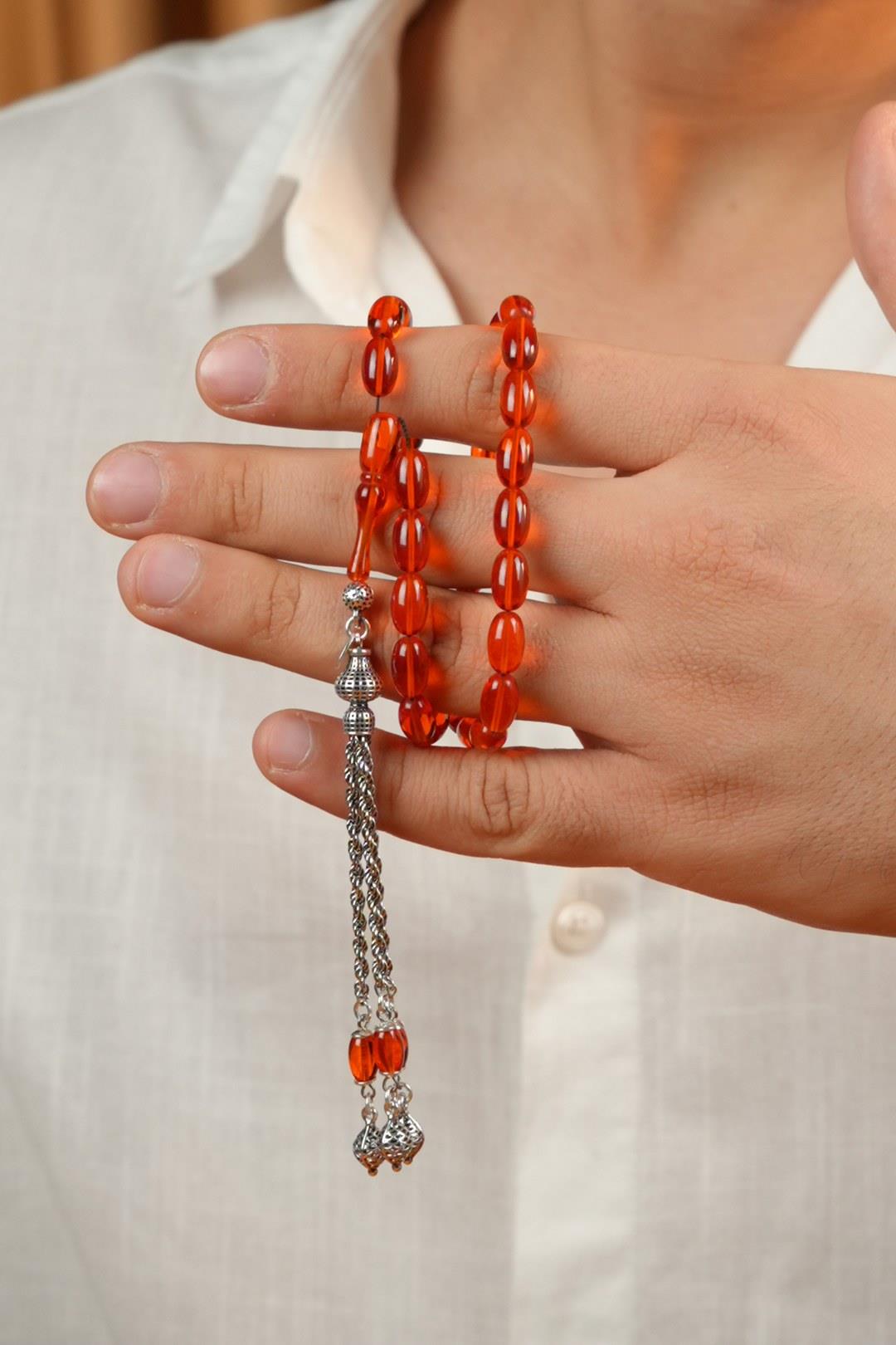 Eşref Serisi Gümüş Tasarım Turuncu Sıkma Kehribar Tesbih