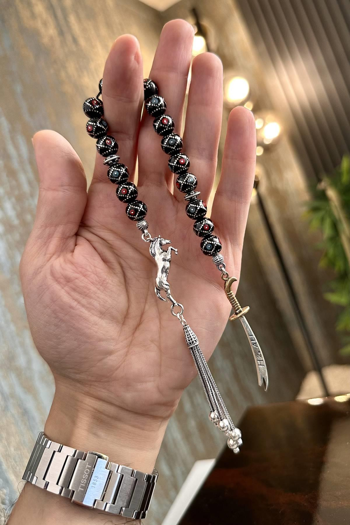 Firuze Mercan Gümüş Püskül Zaza Oltu Taşı Tesbih 