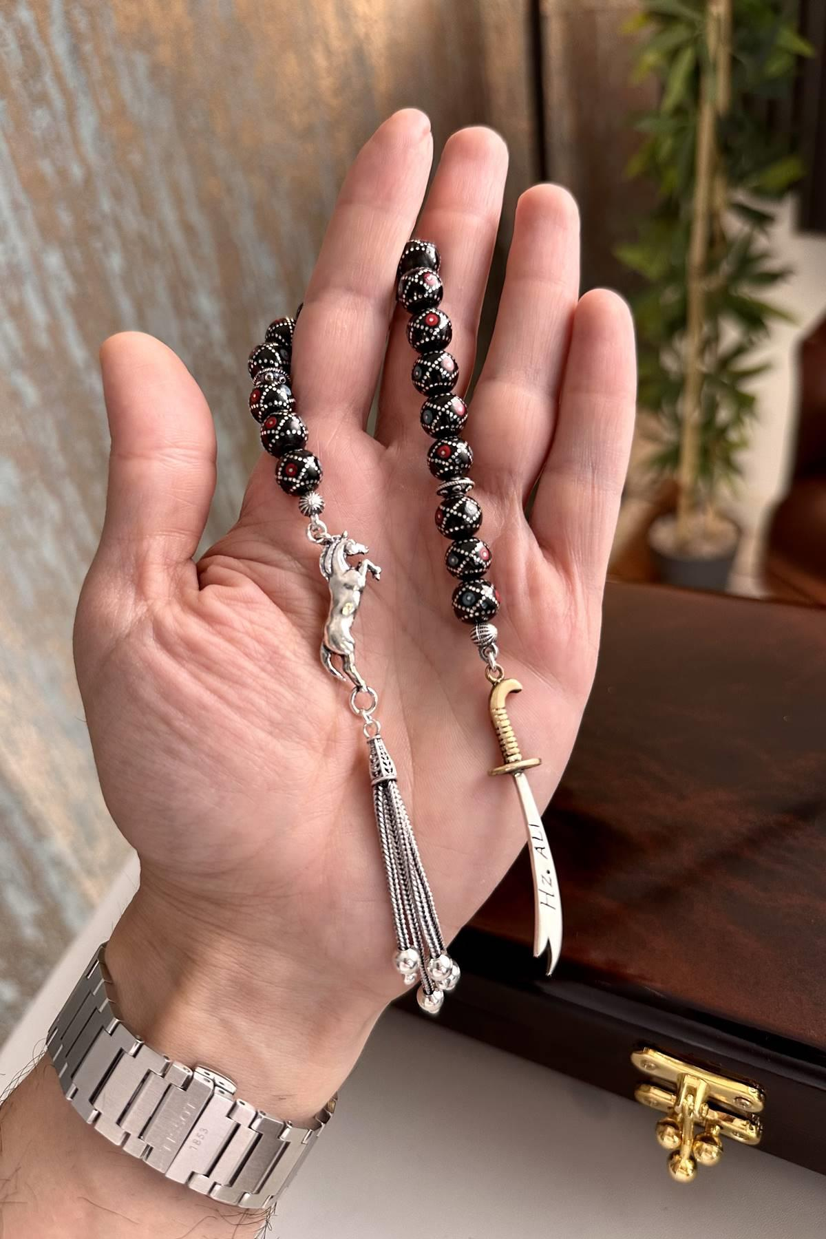 Firuze Mercan Gümüş Püskül Zaza Oltu Taşı Tesbih 