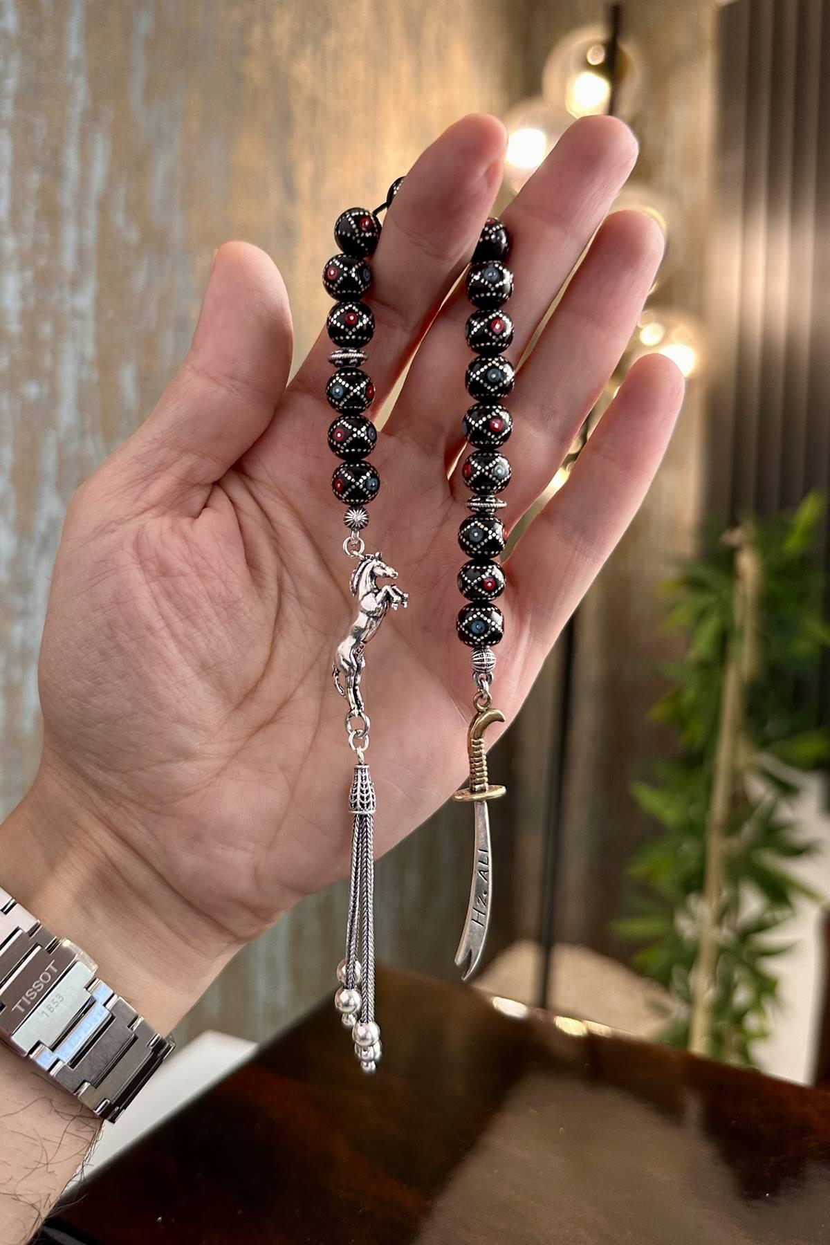 Firuze Mercan Gümüş Püskül Zaza Oltu Taşı Tesbih 