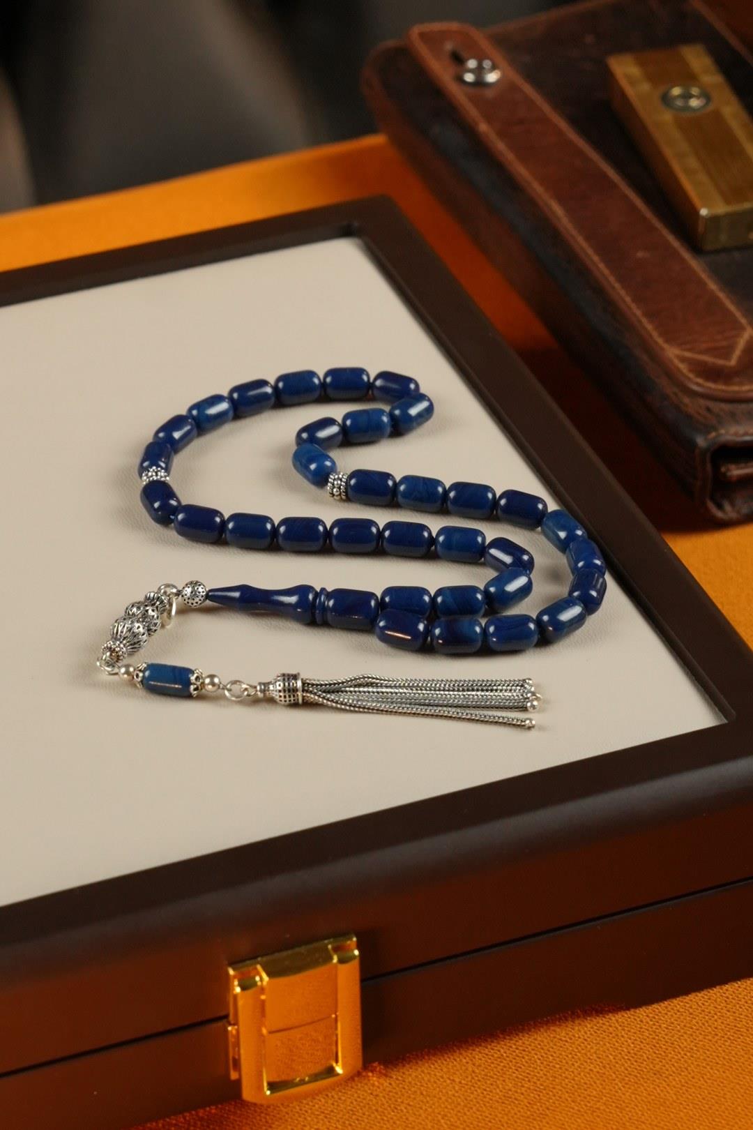 Grand Serisi Gümüş Tasarım Mavi Sıkma Kehribar Tesbih