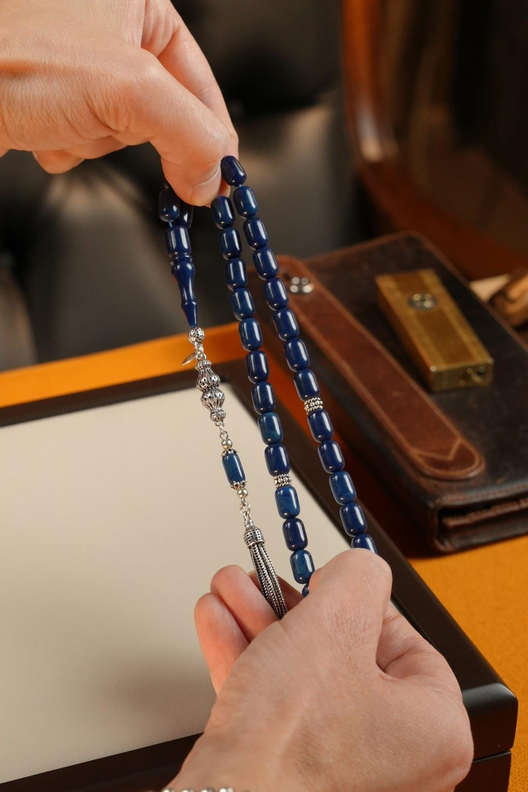 Grand Serisi Gümüş Tasarım Mavi Sıkma Kehribar Tesbih