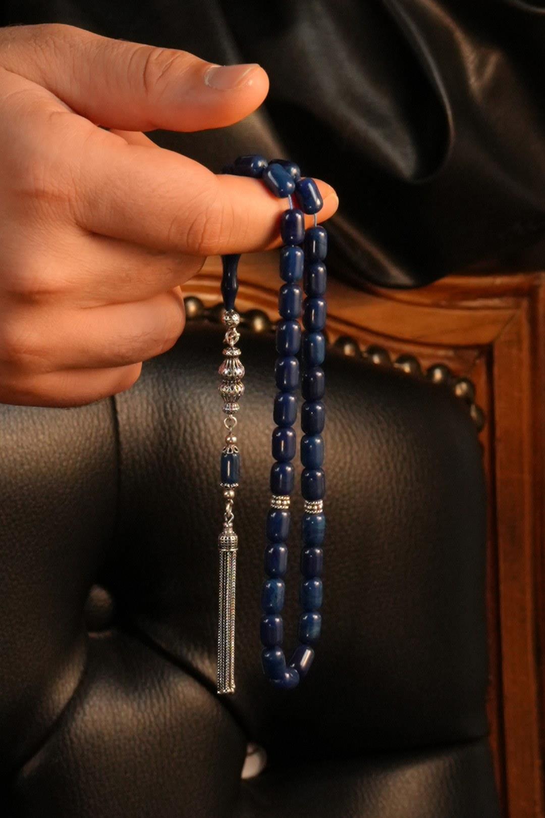 Grand Serisi Gümüş Tasarım Mavi Sıkma Kehribar Tesbih