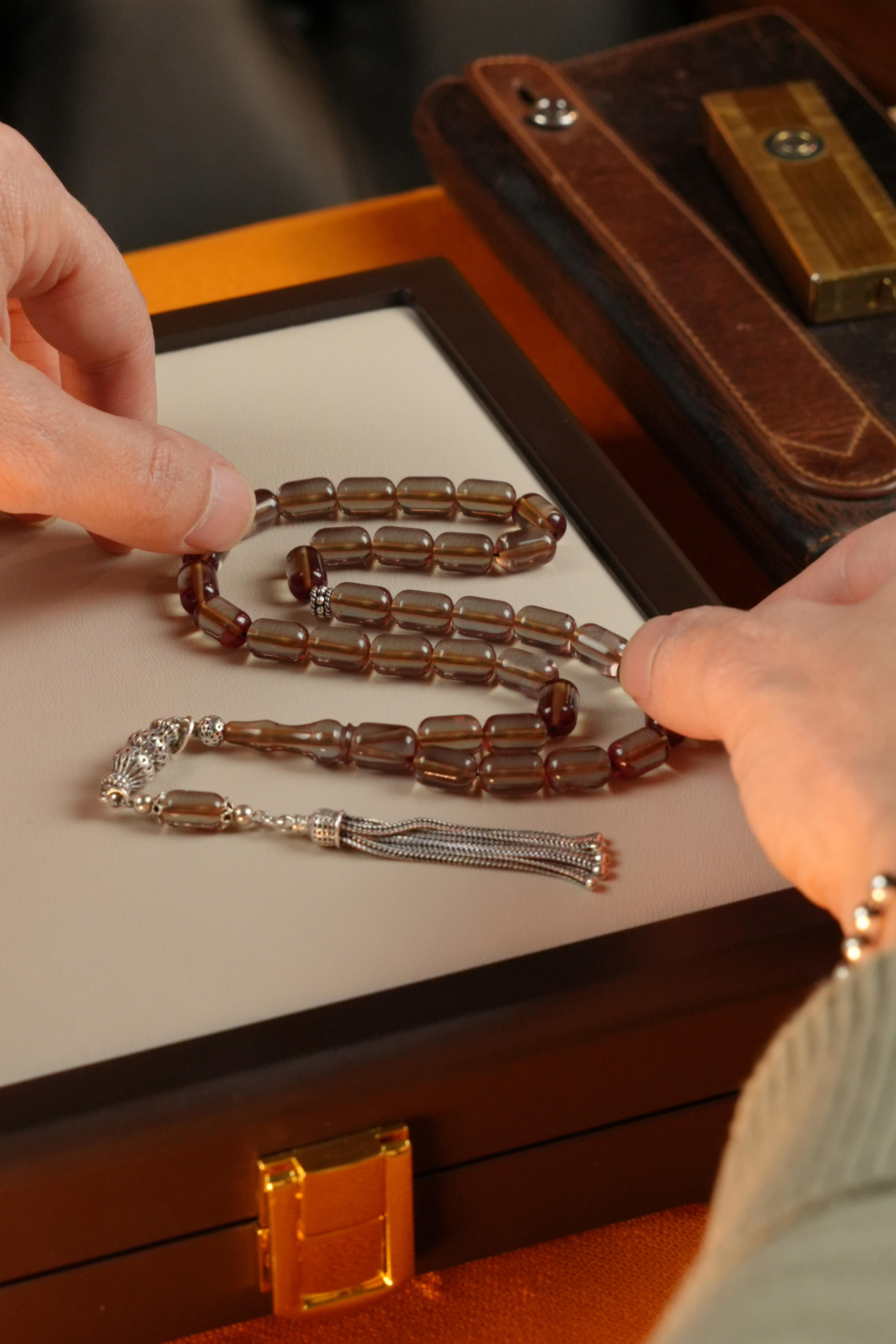 Grand Serisi Gümüş Tasarım Şeffaf Sıkma Kehribar Tesbih