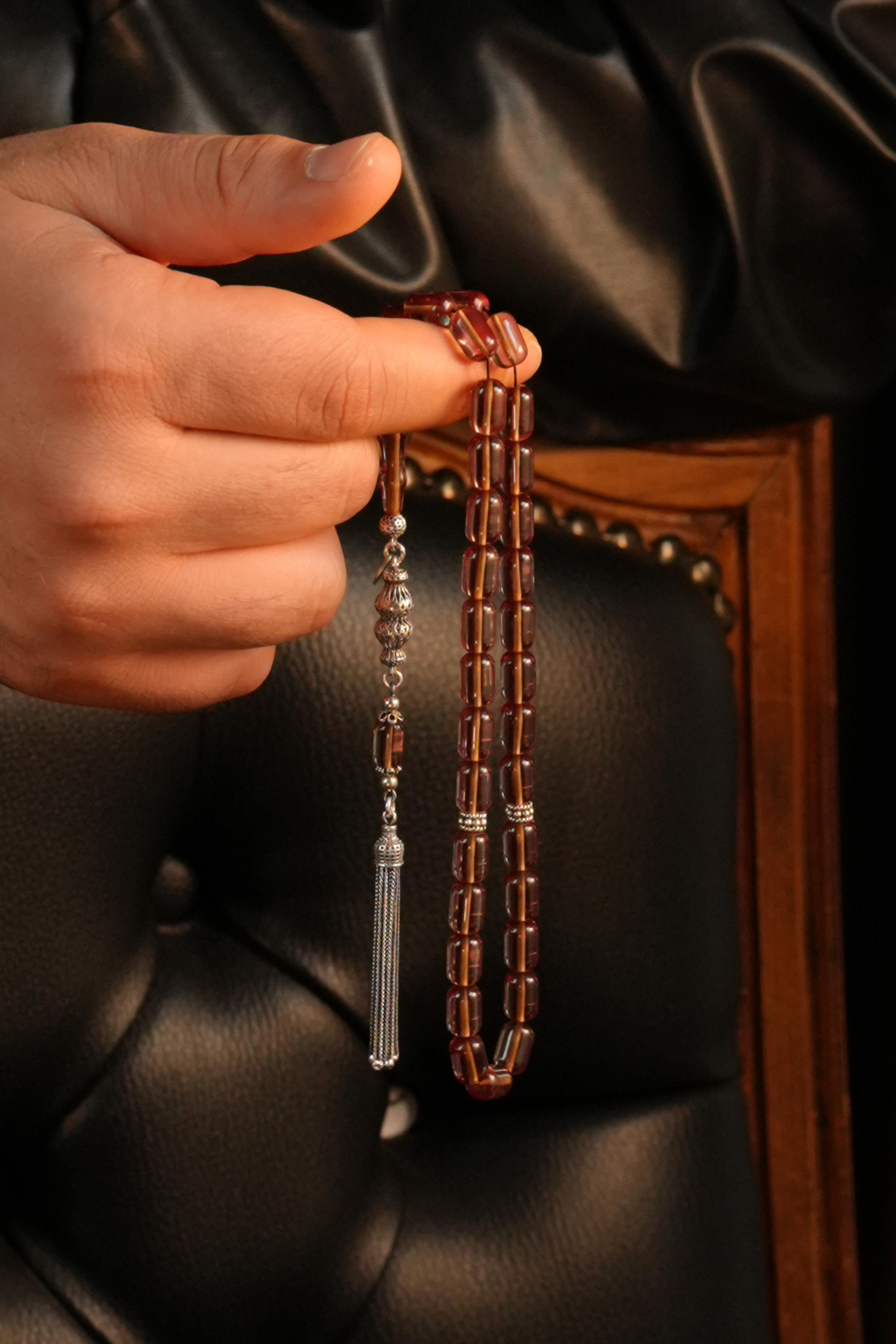 Grand Serisi Gümüş Tasarım Şeffaf Sıkma Kehribar Tesbih