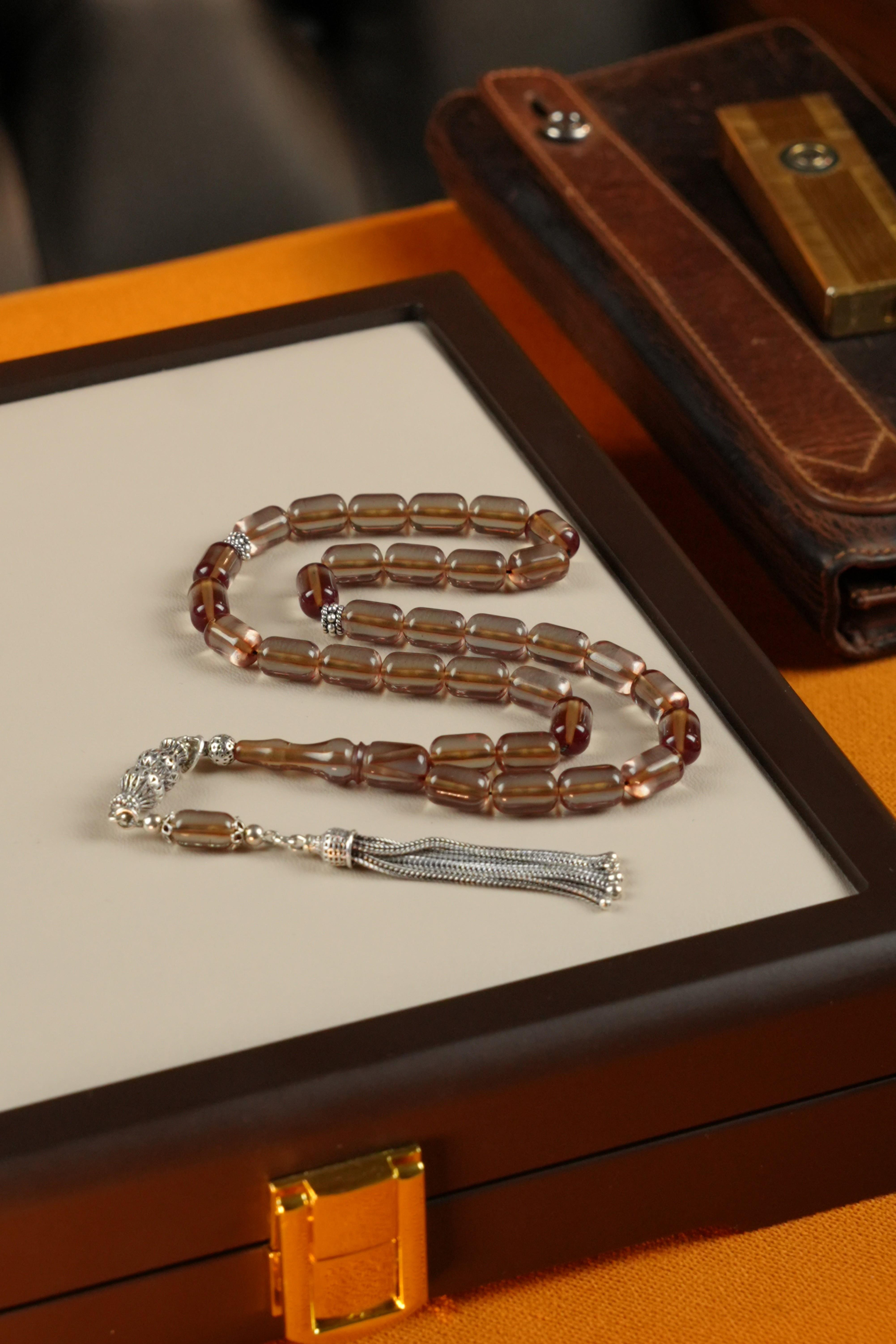 Grand Serisi Gümüş Tasarım Şeffaf Sıkma Kehribar Tesbih