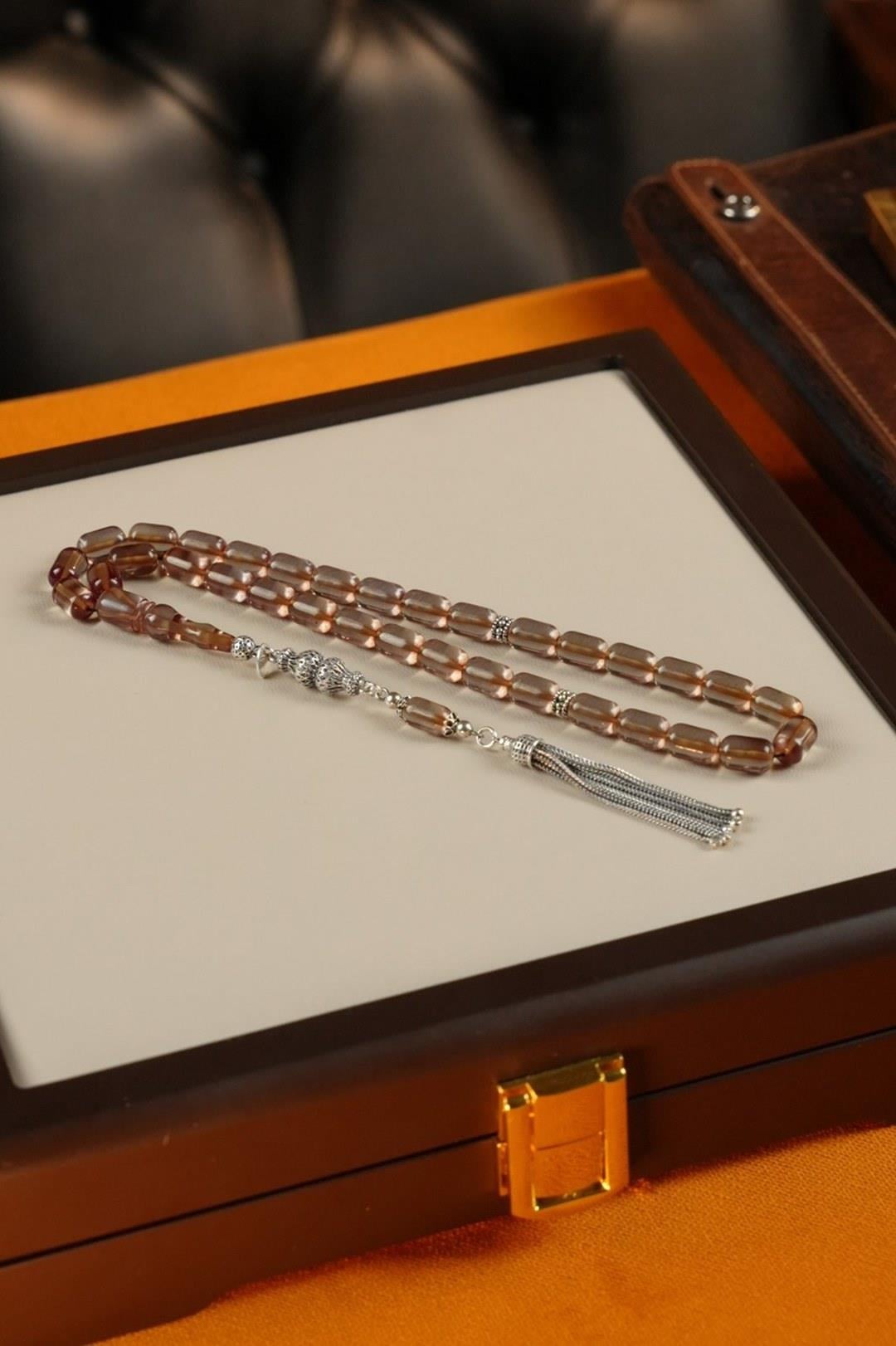 Grand Serisi Gümüş Tasarım Şeffaf Sıkma Kehribar Tesbih