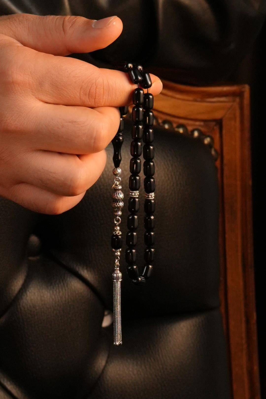 Grand Serisi Gümüş Tasarım Siyah Sıkma Kehribar Tesbih