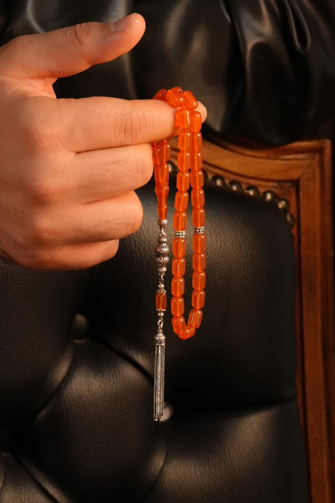 Grand Serisi Gümüş Tasarım Turuncu Sıkma Kehribar Tesbih