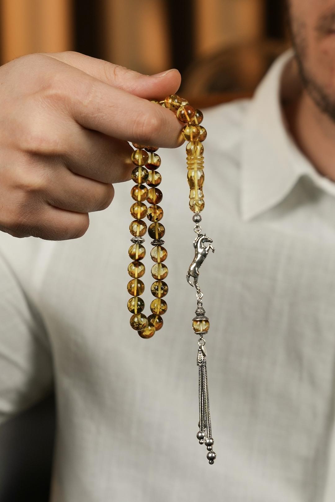 Gümüş At Figürlü Tasarım Orjinal Fosilli Damla Kehribar Tesbih  (Amber), (مسبحة قطرة كهريبار)