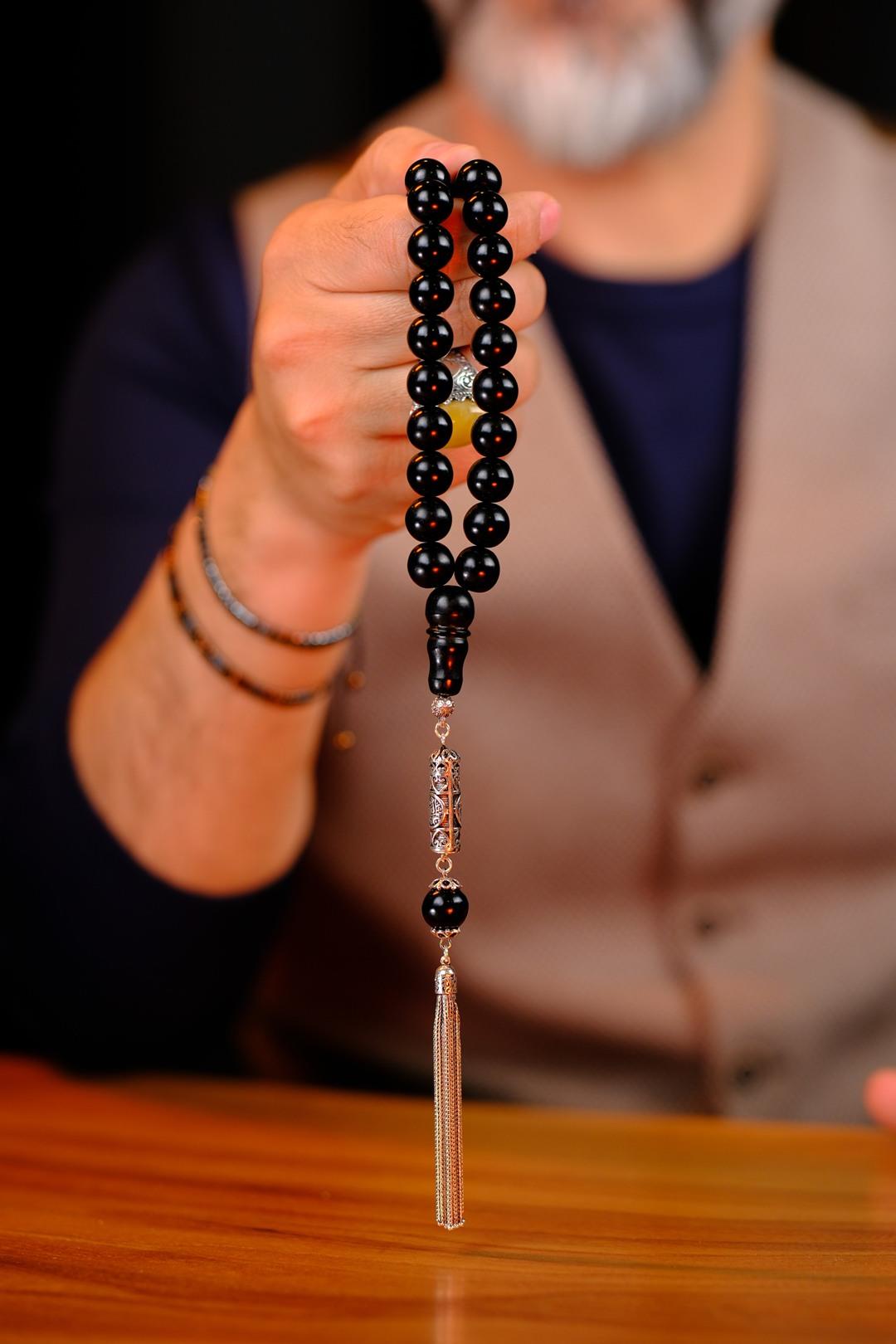 Gümüş Cevşen Tasarım İri Boy Oltu Taşı Tesbih