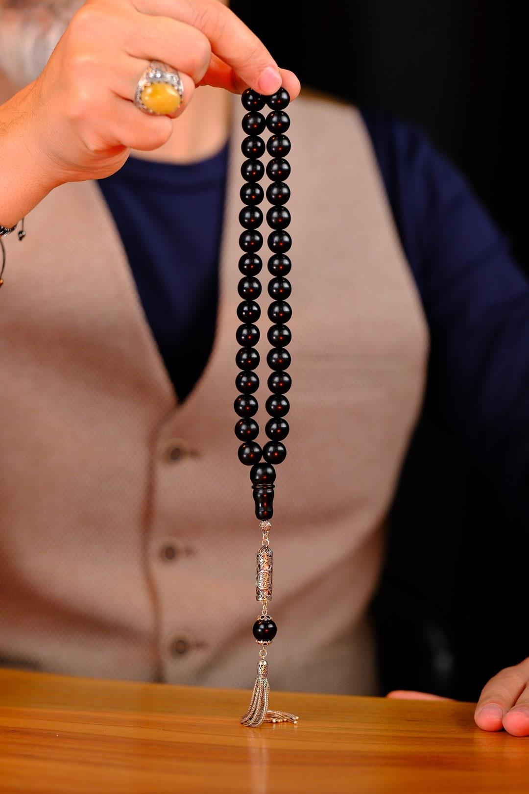 Gümüş Cevşen Tasarım İri Boy Oltu Taşı Tesbih