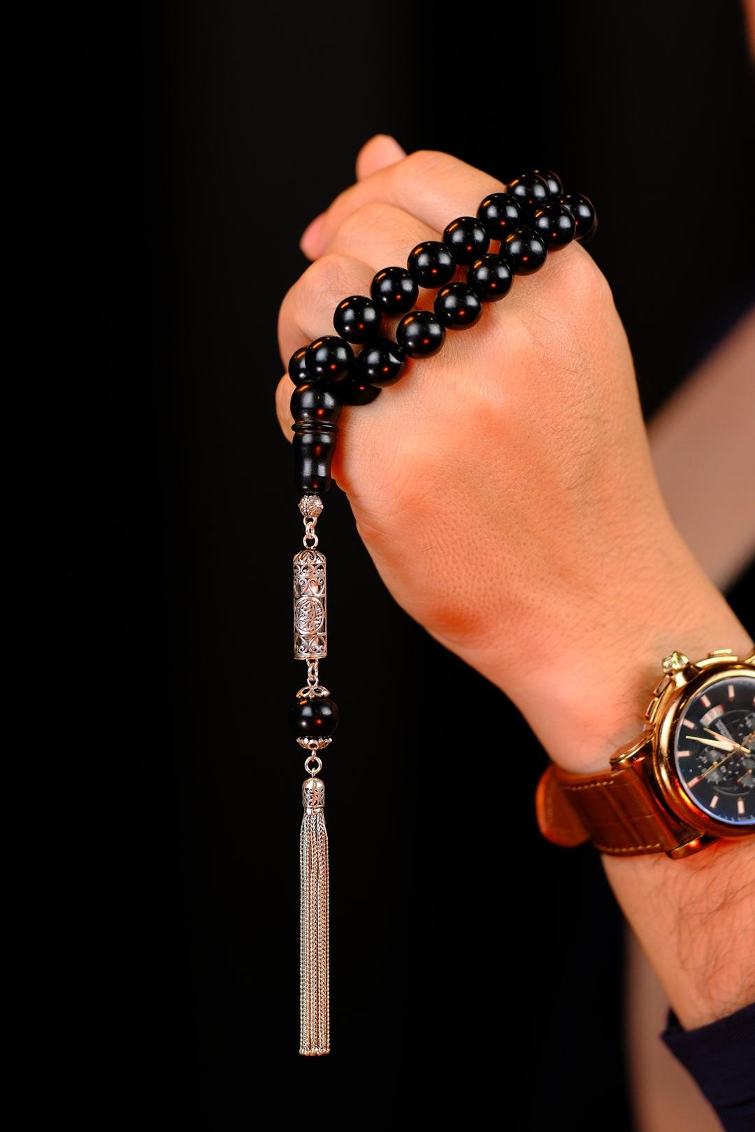 Gümüş Cevşen Tasarım İri Boy Oltu Taşı Tesbih