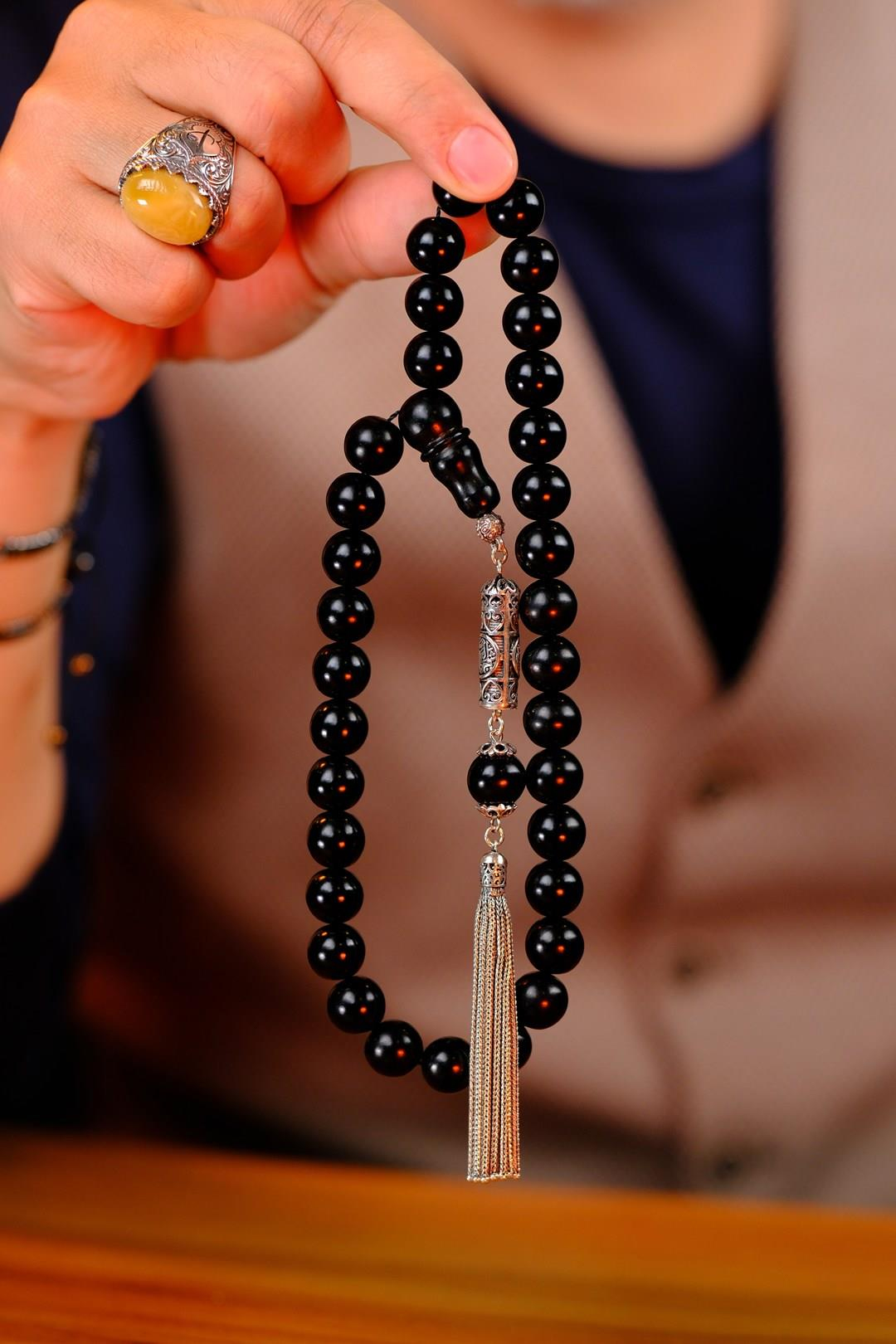 Gümüş Cevşen Tasarım İri Boy Oltu Taşı Tesbih