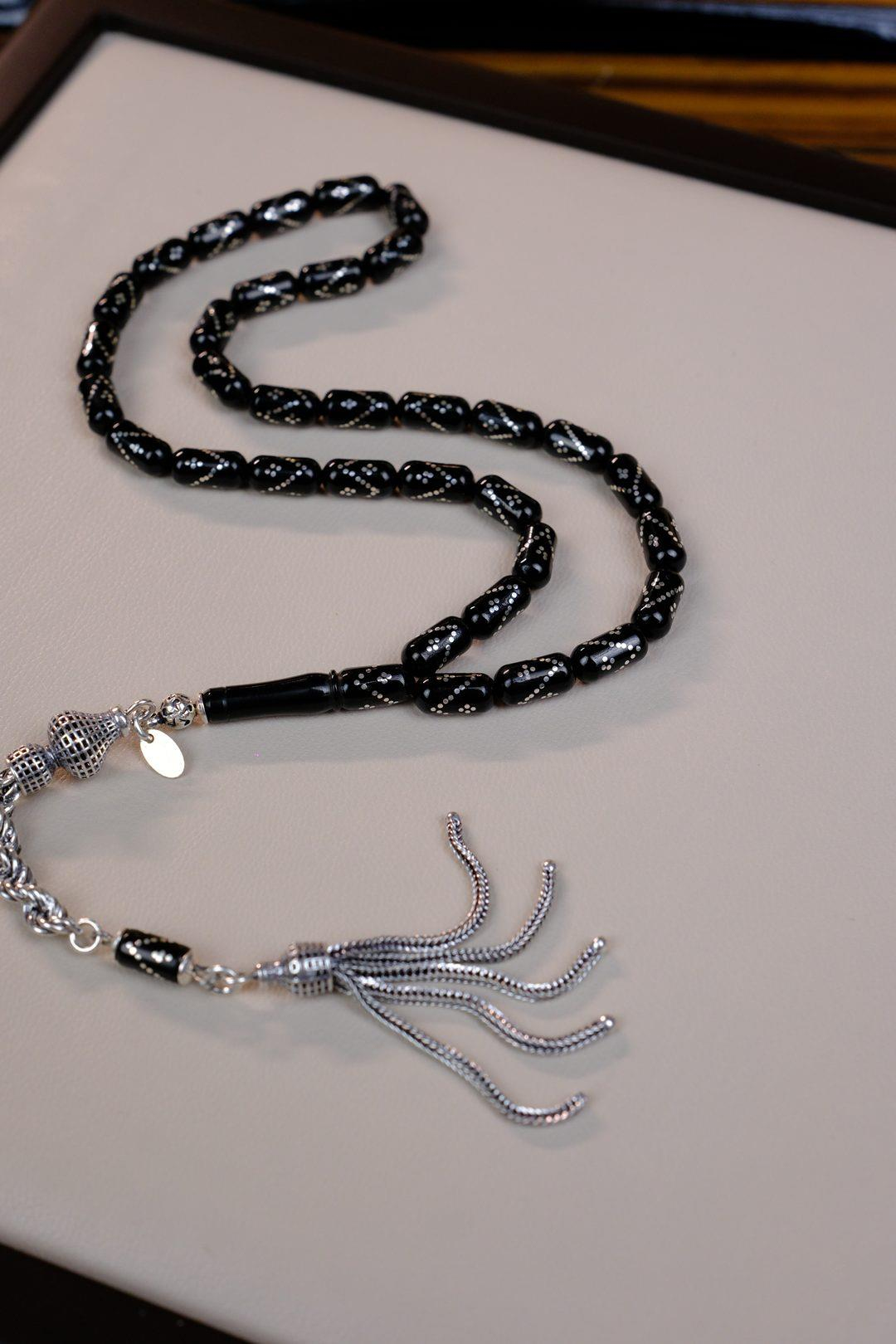 Gümüş İşlemeli Erzurum Oltu Taşı Gümüş Püskül Tasarım Tesbih