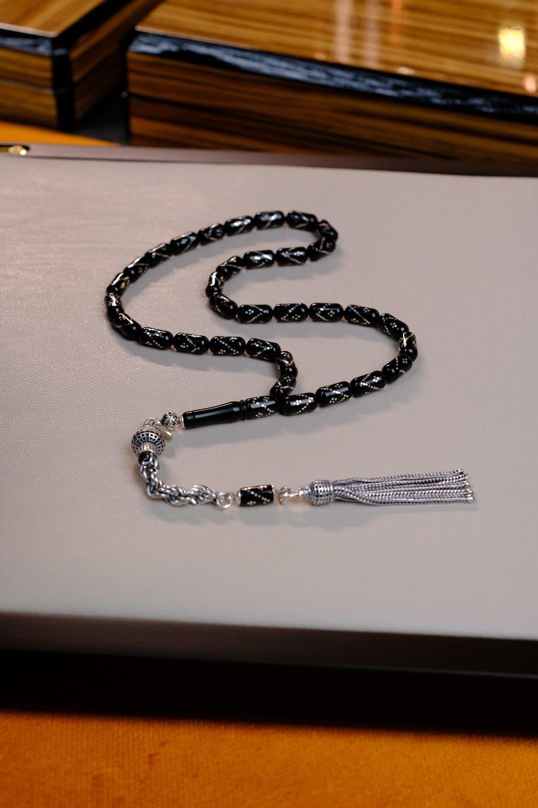 Gümüş İşlemeli Erzurum Oltu Taşı Gümüş Püskül Tasarım Tesbih