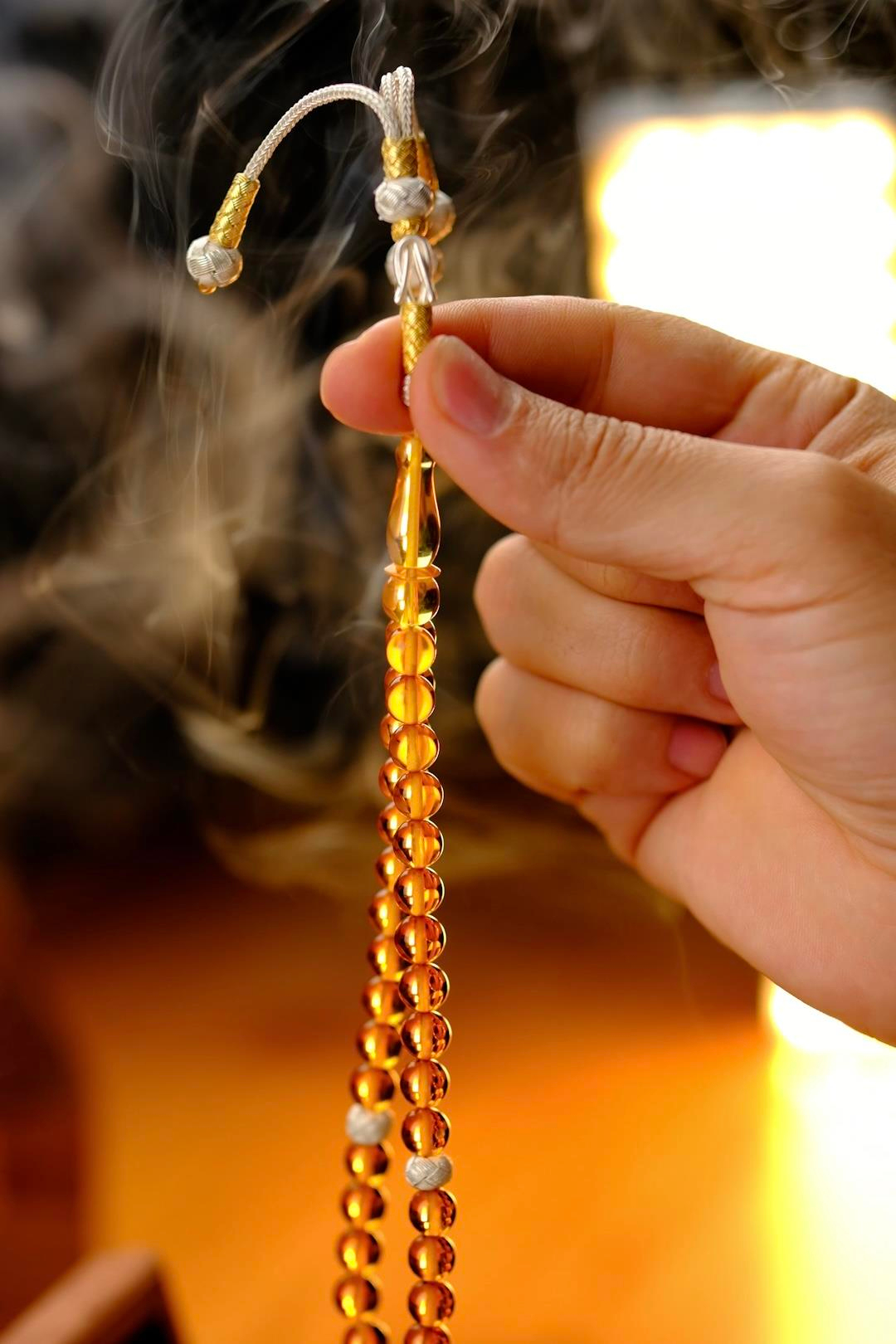 Gümüş Kazaz Tasarım Nadir Renk Şeffaf Damla Kehribarı (Amber), (مسبحة قطرة كهريبار)