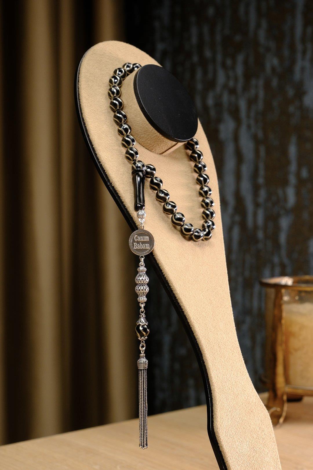 Gümüş Tasarım Canım Babam Tesbihi Kişiye Özel Tasarım Oltu Taşı Çeşm-i bülbül Motif