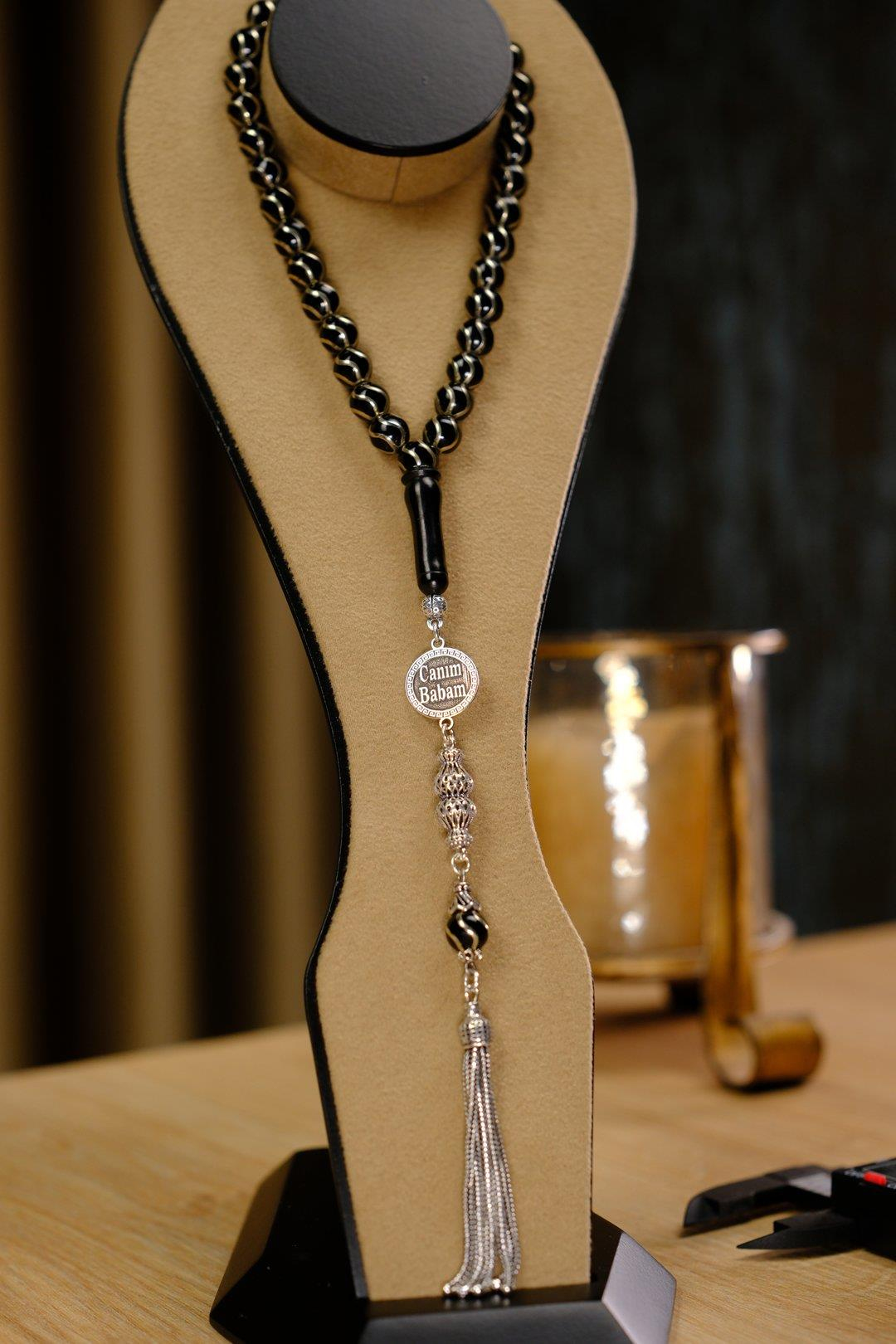 Gümüş Tasarım Canım Babam Tesbihi Kişiye Özel Tasarım Oltu Taşı Çeşm-i bülbül Motif