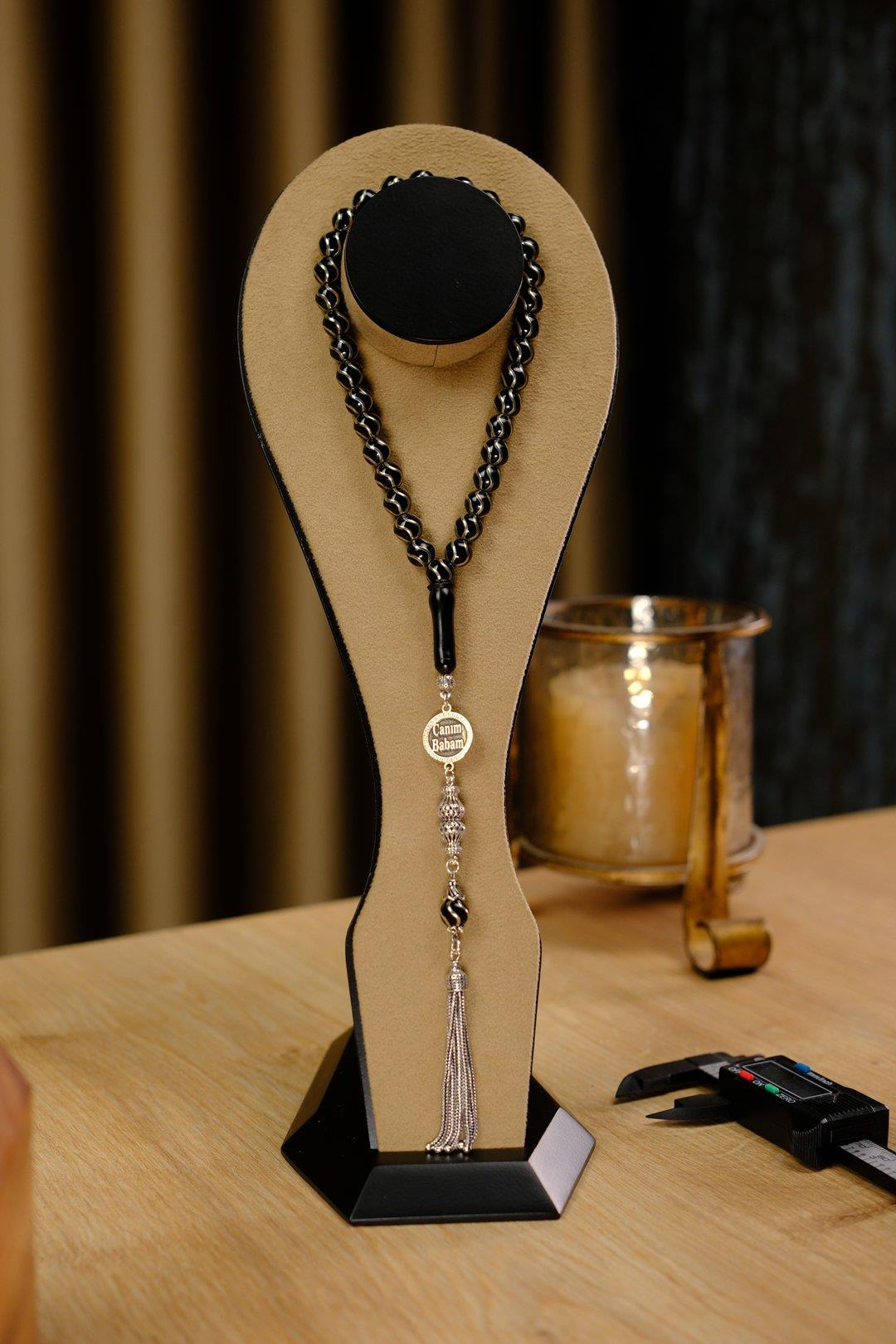 Gümüş Tasarım Canım Babam Tesbihi Kişiye Özel Tasarım Oltu Taşı Çeşm-i bülbül Motif