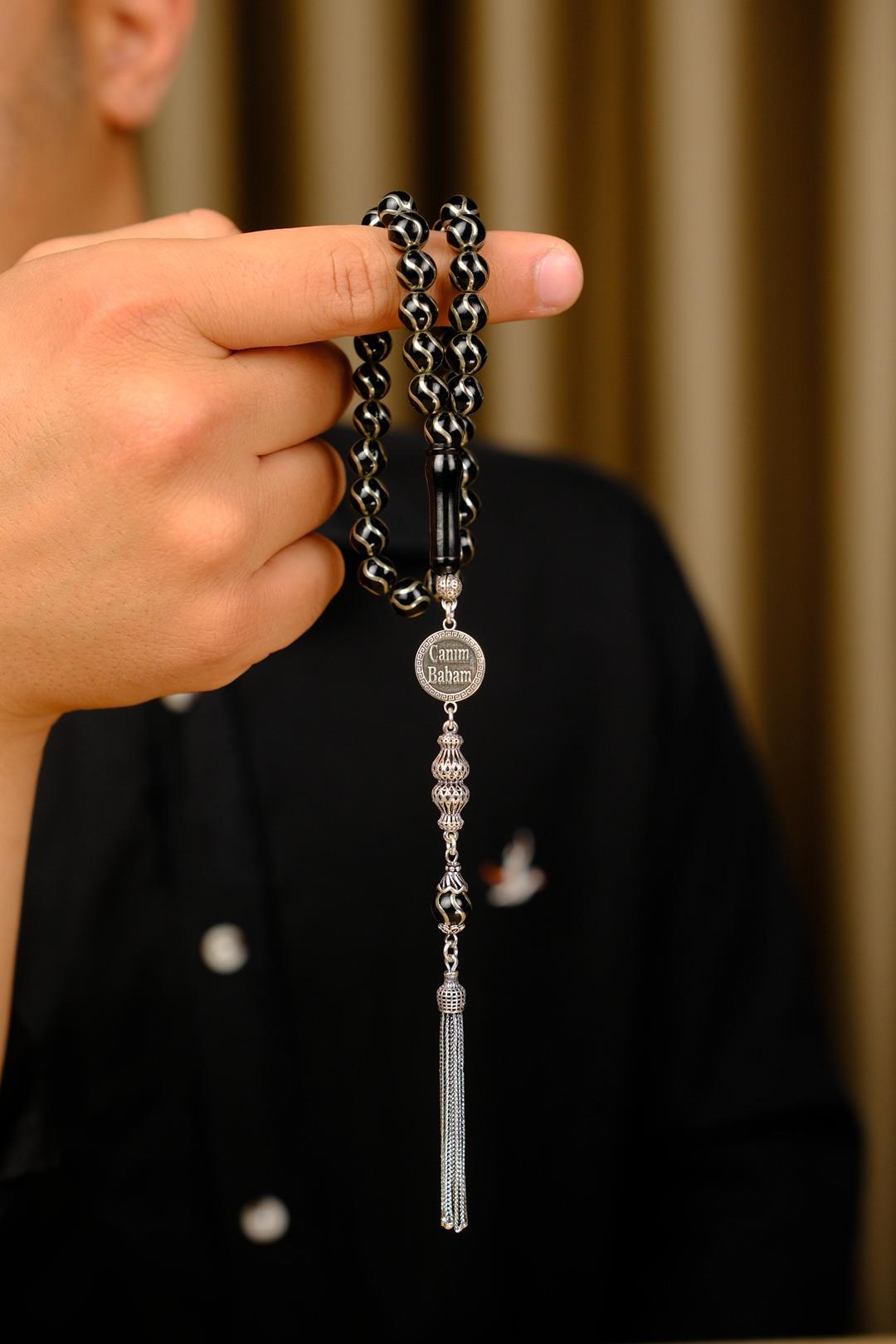 Gümüş Tasarım Canım Babam Tesbihi Kişiye Özel Tasarım Oltu Taşı Çeşm-i bülbül Motif