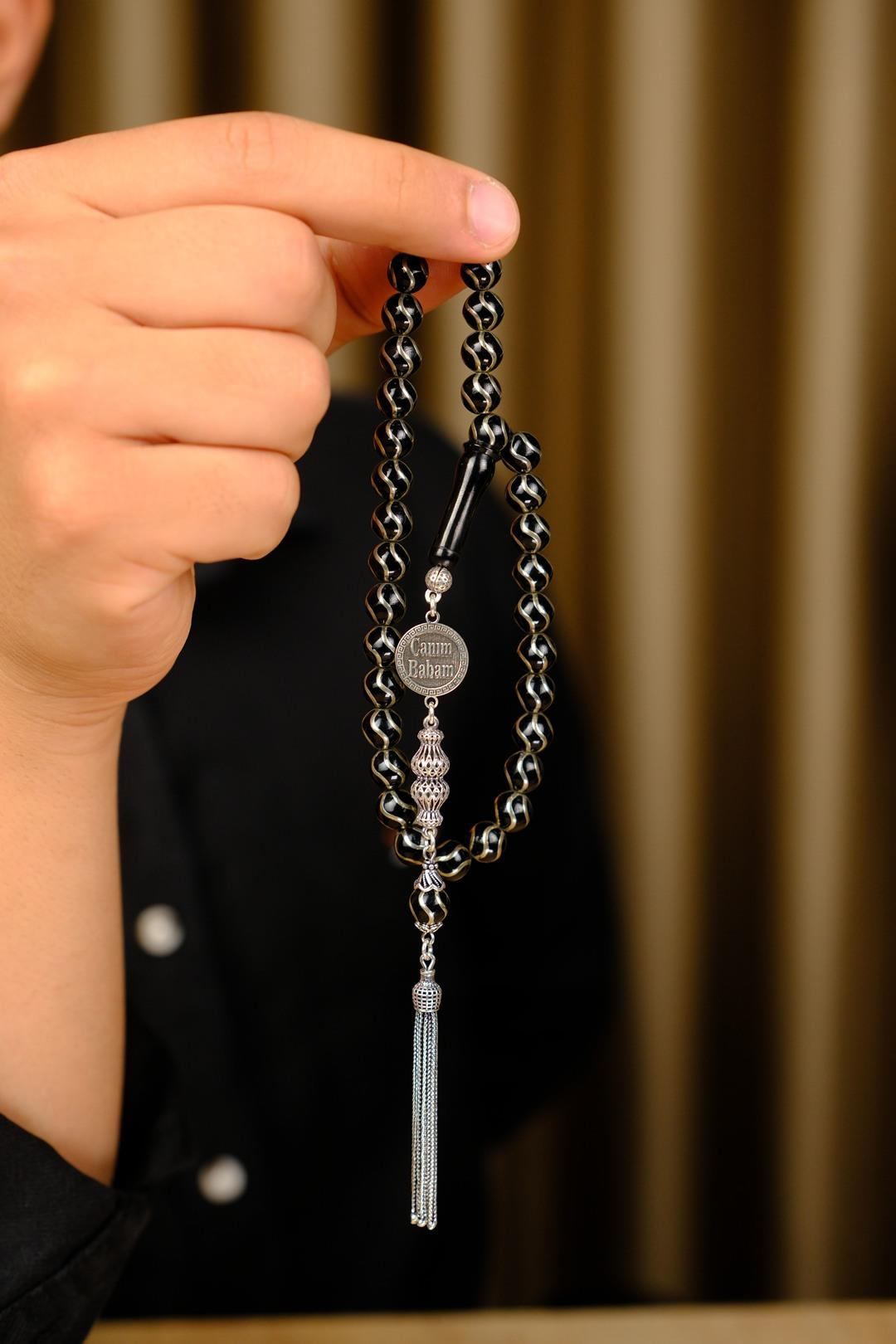 Gümüş Tasarım Canım Babam Tesbihi Kişiye Özel Tasarım Oltu Taşı Çeşm-i bülbül Motif