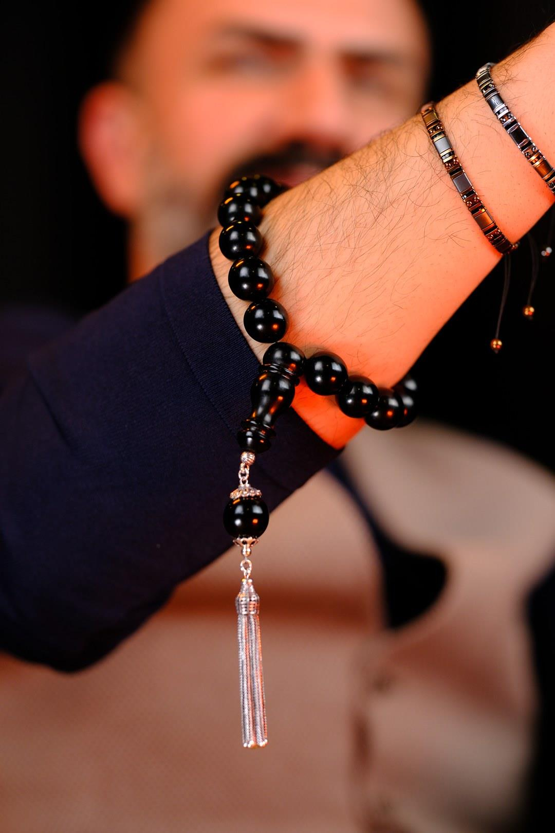 Gümüş Tasarım Efe Maskot Boy Oltu Taşı Tesbih