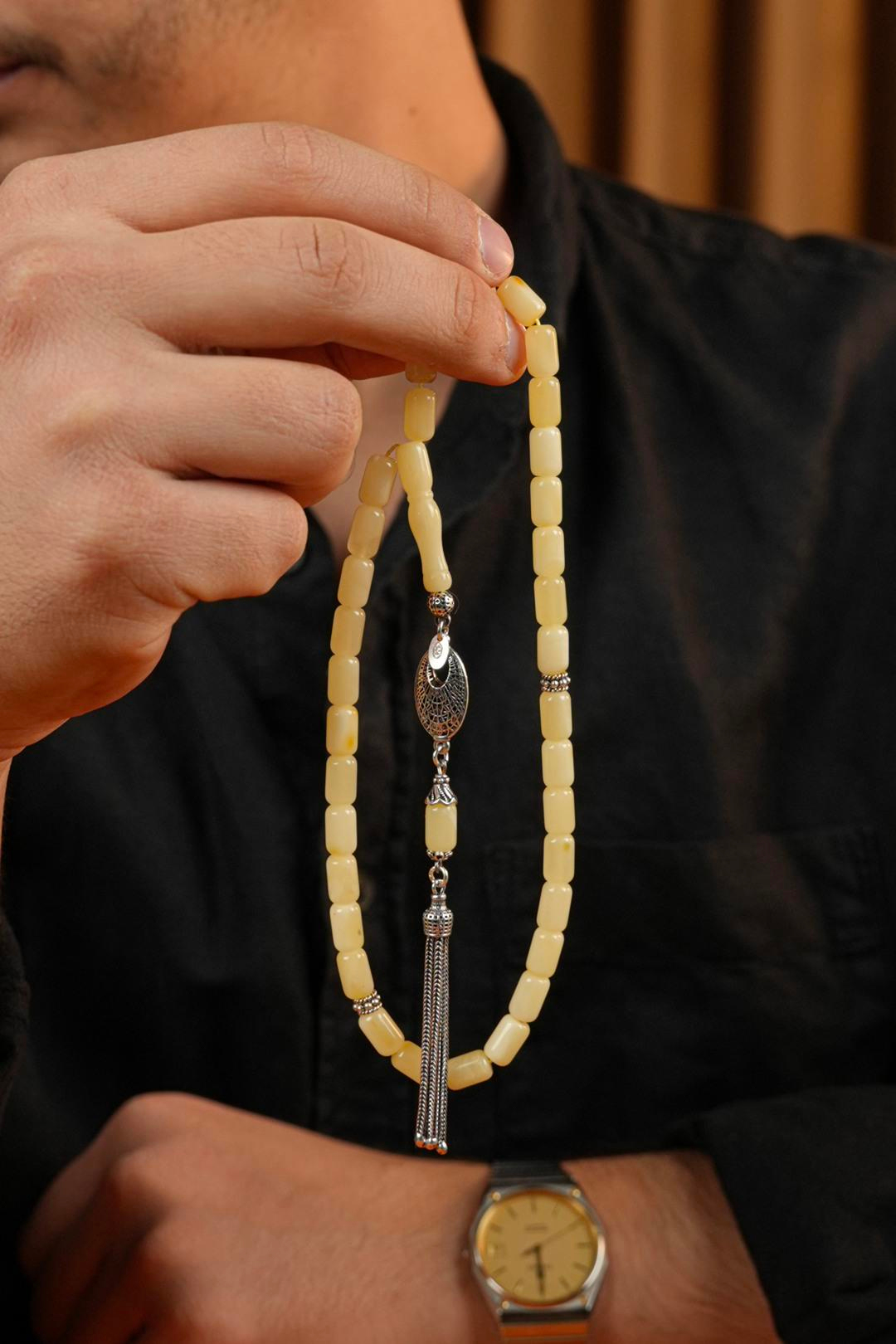 Gümüş Tasarım Kapsül Model Orjinal Damla Kehribar Tesbih (Amber),(رمز الحصان)