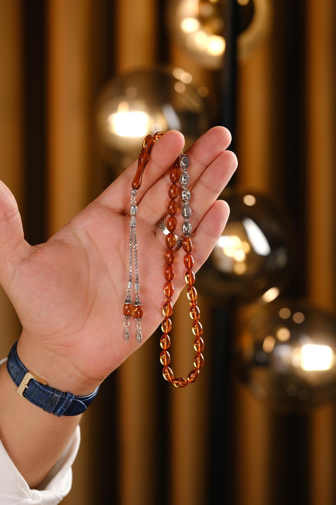 Gümüş Tasarım Kişiye Özel İsimli Sarı Kehribar Tesbih