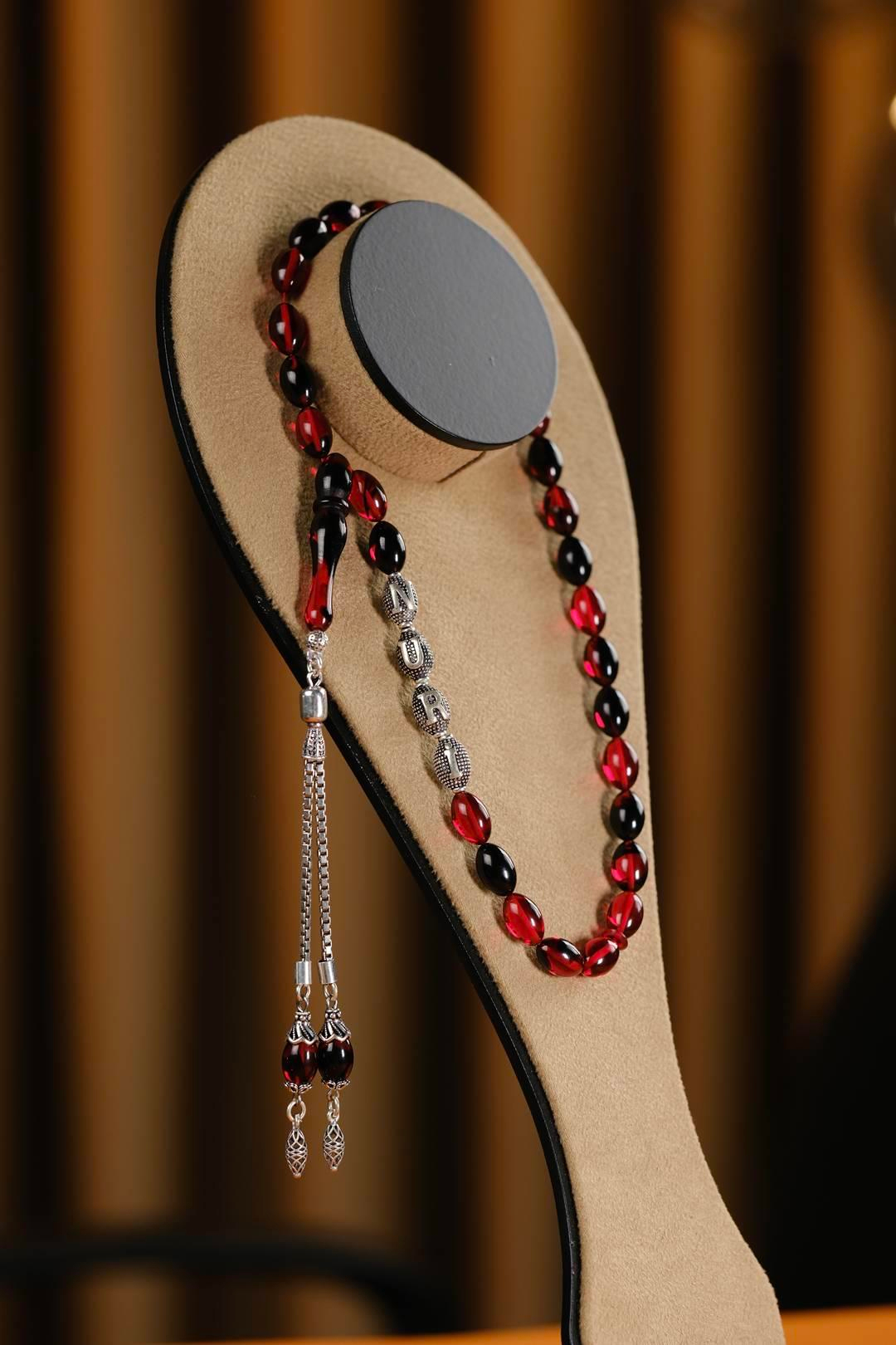 Gümüş Tasarım Kişiye Özel İsimli Kırmızı Ateş Kehribar Tesbih