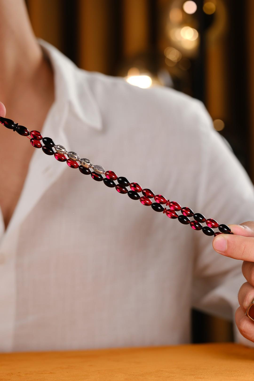 Gümüş Tasarım Kişiye Özel İsimli Kırmızı Ateş Kehribar Tesbih