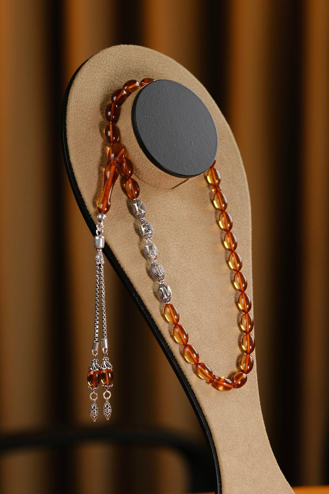 Gümüş Tasarım Kişiye Özel İsimli Sarı Kehribar Tesbih