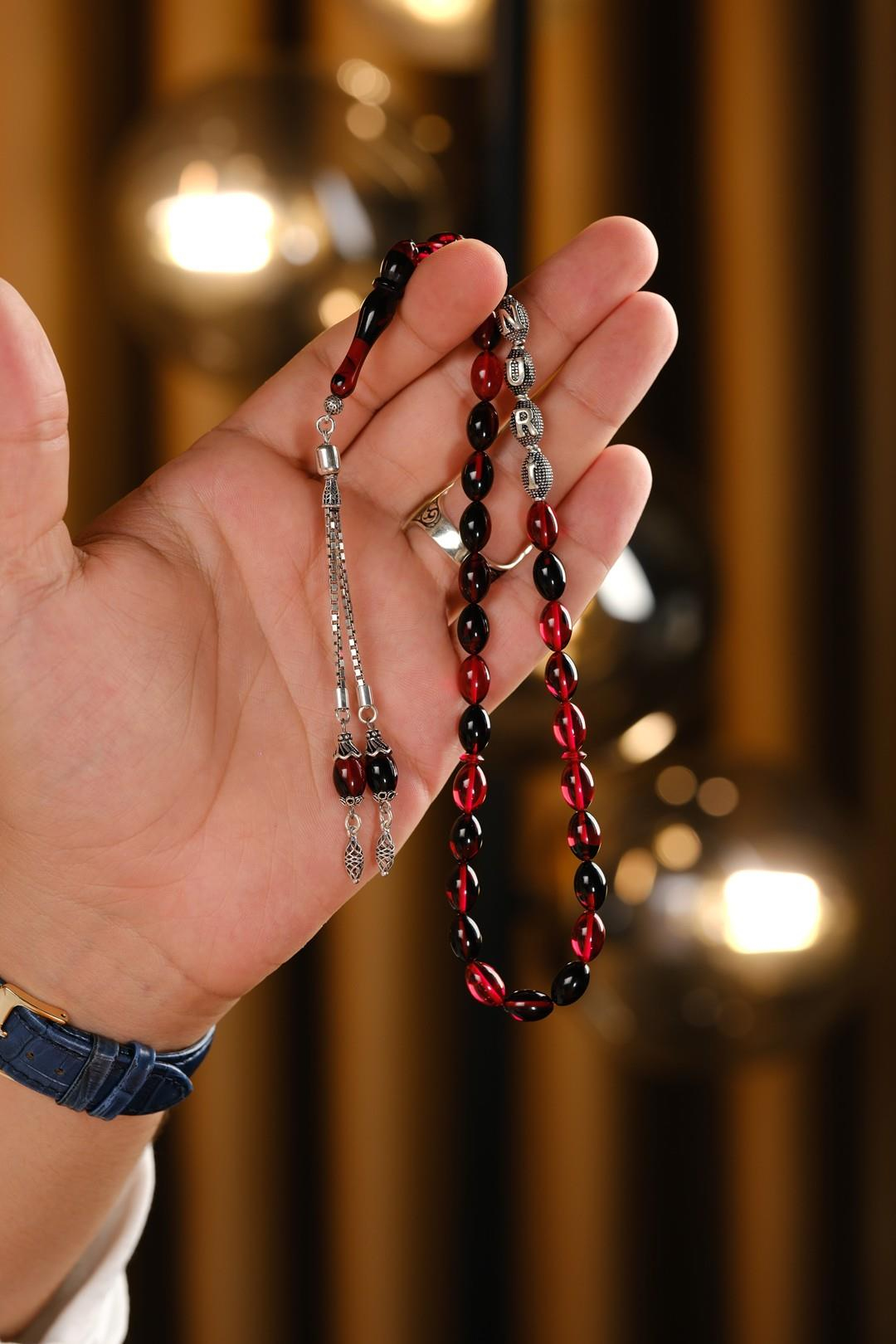 Gümüş Tasarım Kişiye Özel İsimli Kırmızı Ateş Kehribar Tesbih