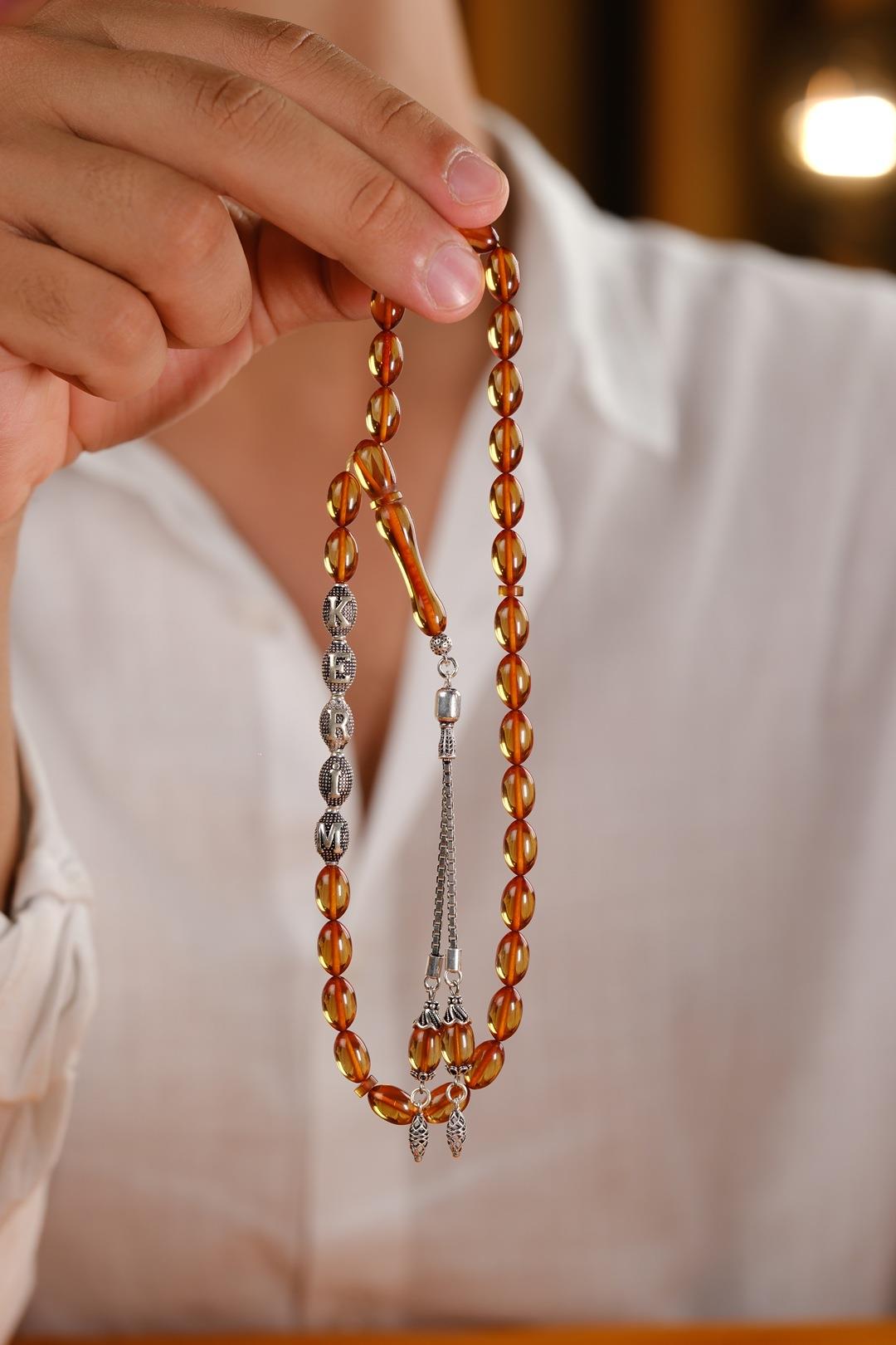 Gümüş Tasarım Kişiye Özel İsimli Sarı Kehribar Tesbih