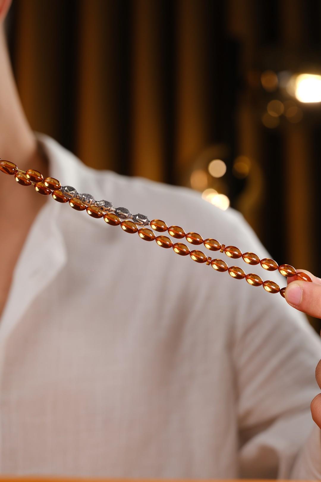 Gümüş Tasarım Kişiye Özel İsimli Sarı Kehribar Tesbih