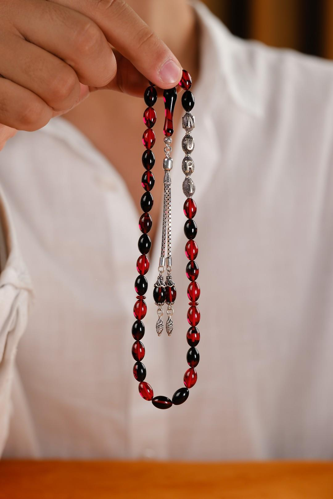 Gümüş Tasarım Kişiye Özel İsimli Kırmızı Ateş Kehribar Tesbih