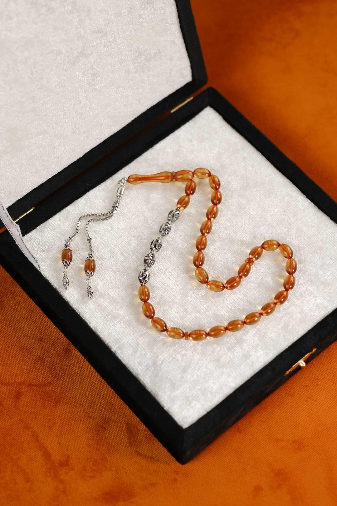 Gümüş Tasarım Kişiye Özel İsimli Sarı Kehribar Tesbih