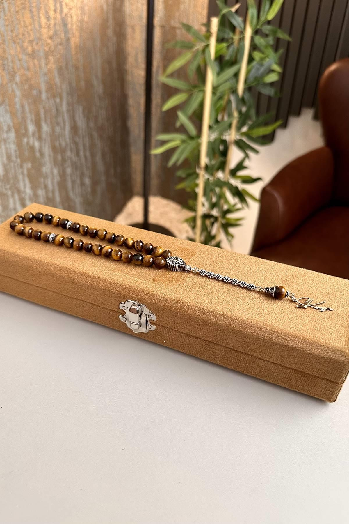 Kaplan-Gözü Doğal Taş Gümüş Tasarım Tesbih ( Kişiye Özel )